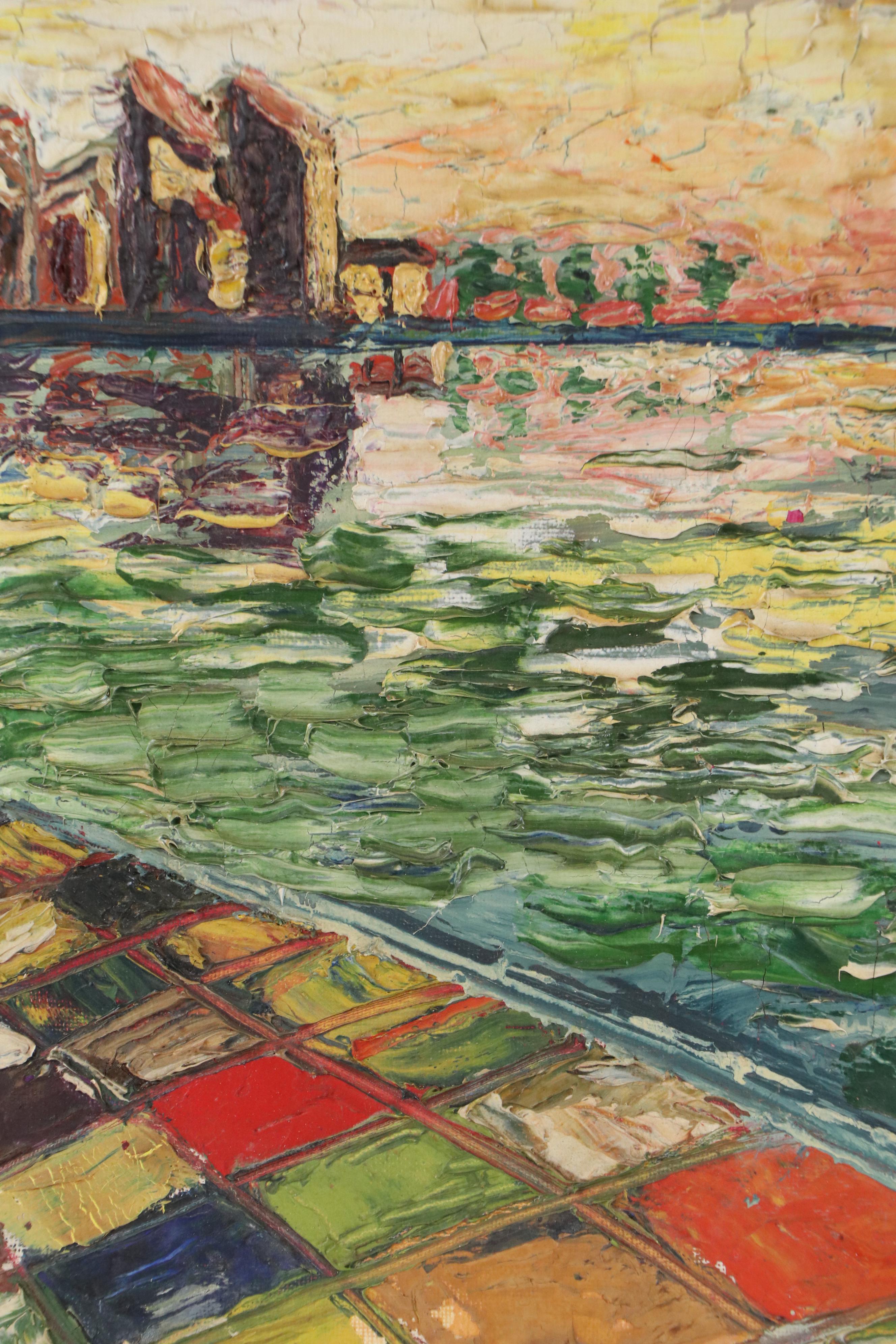 French School Oil Painting of Harbor at Dusk, 1959