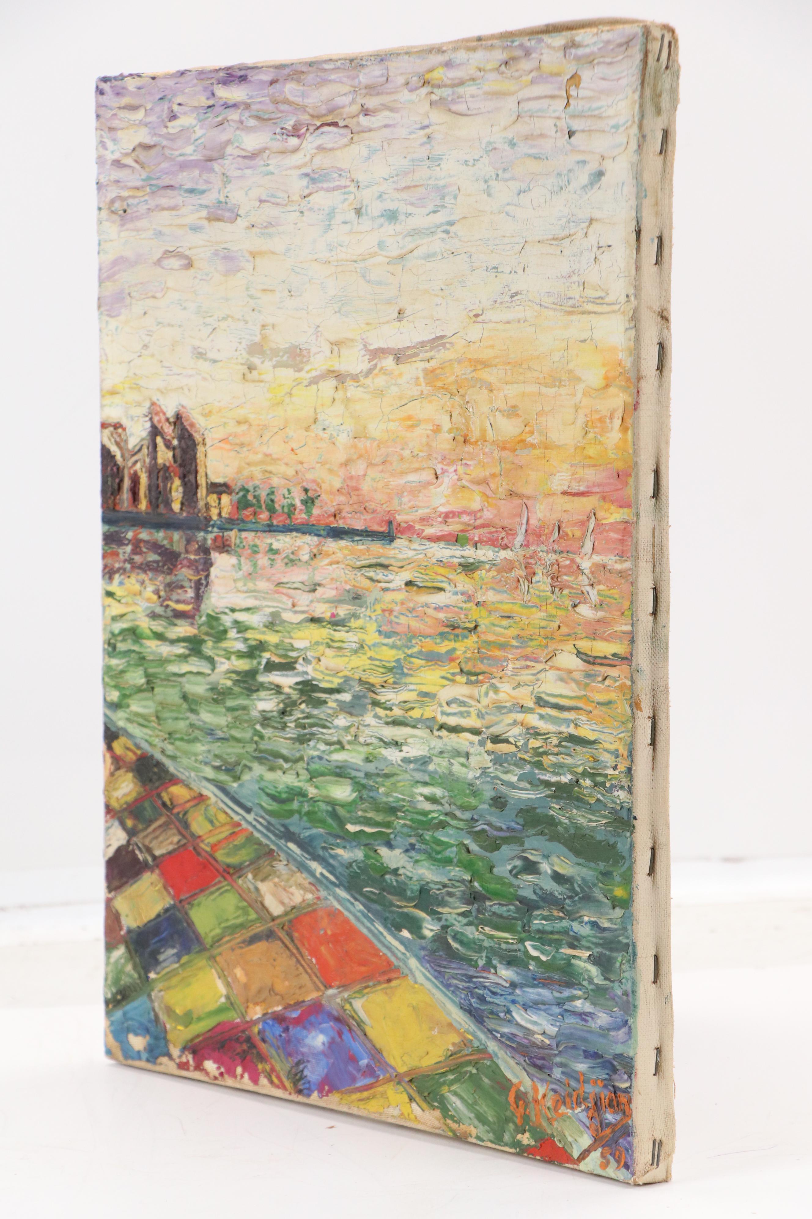 French School Oil Painting of Harbor at Dusk, 1959