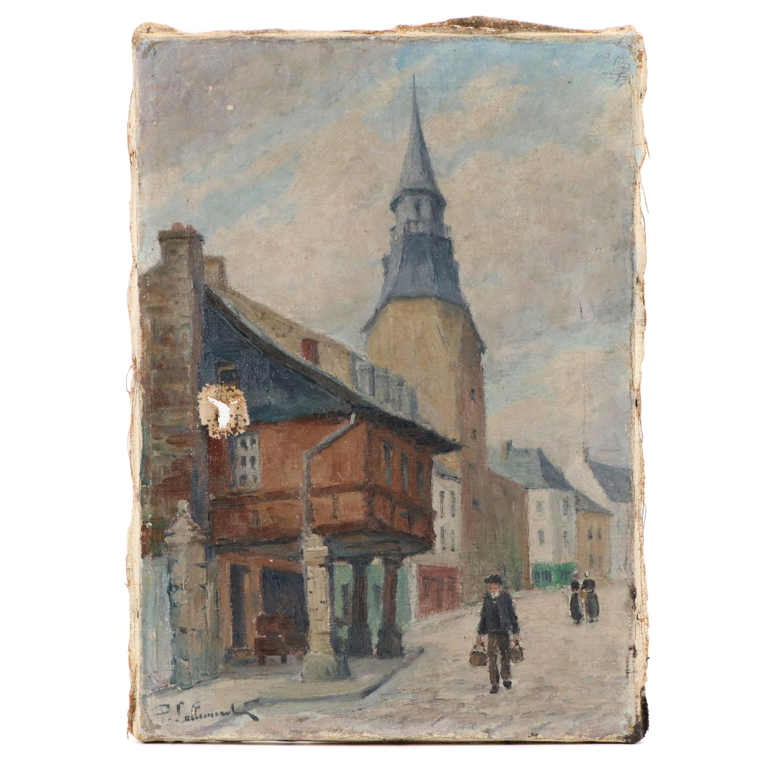 Paul Lallement Oil Painting of Cloudy Streetscape, Early 20th Century