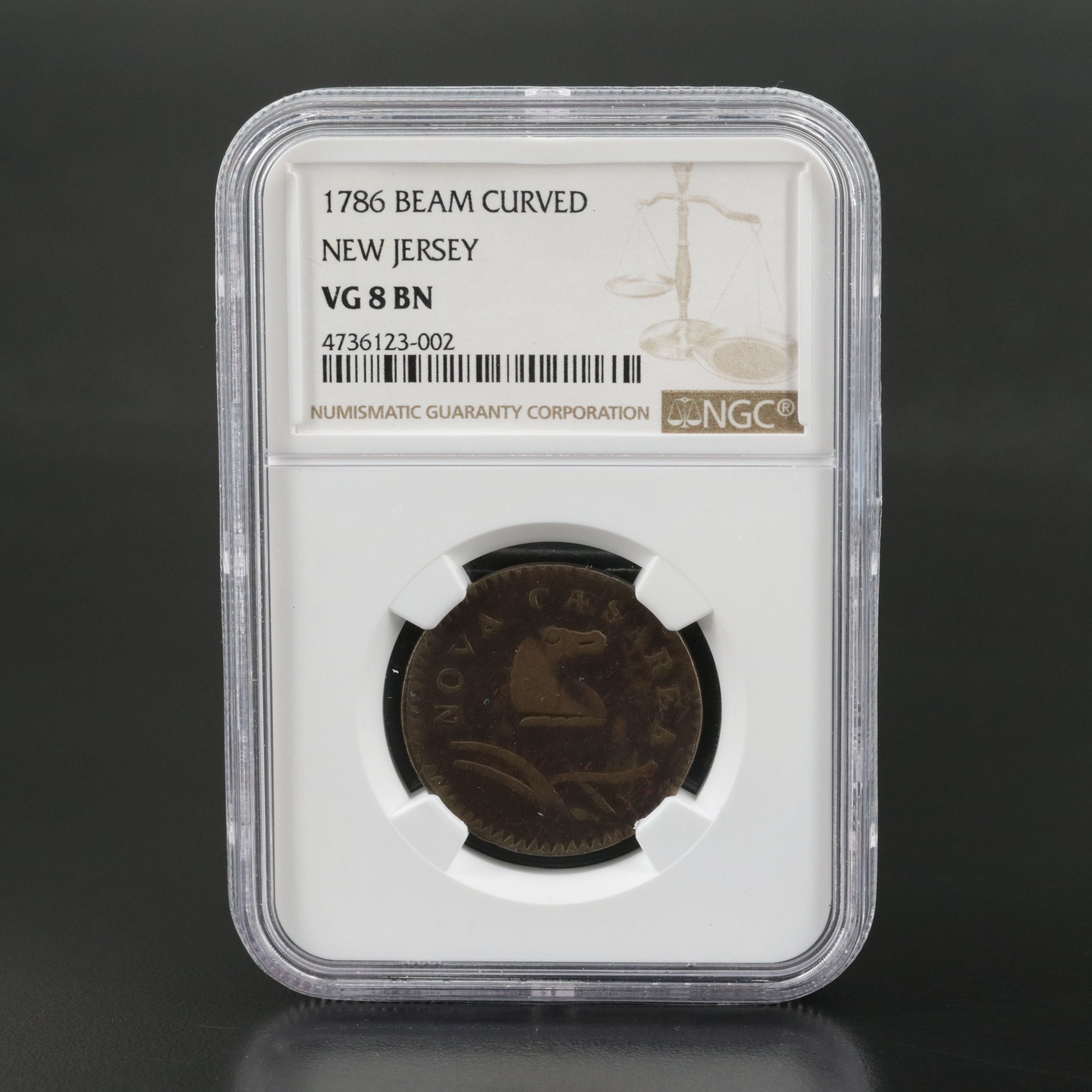 NGC Graded VG8 BN 1786 New Jersey Copper, Curved Beam Variety