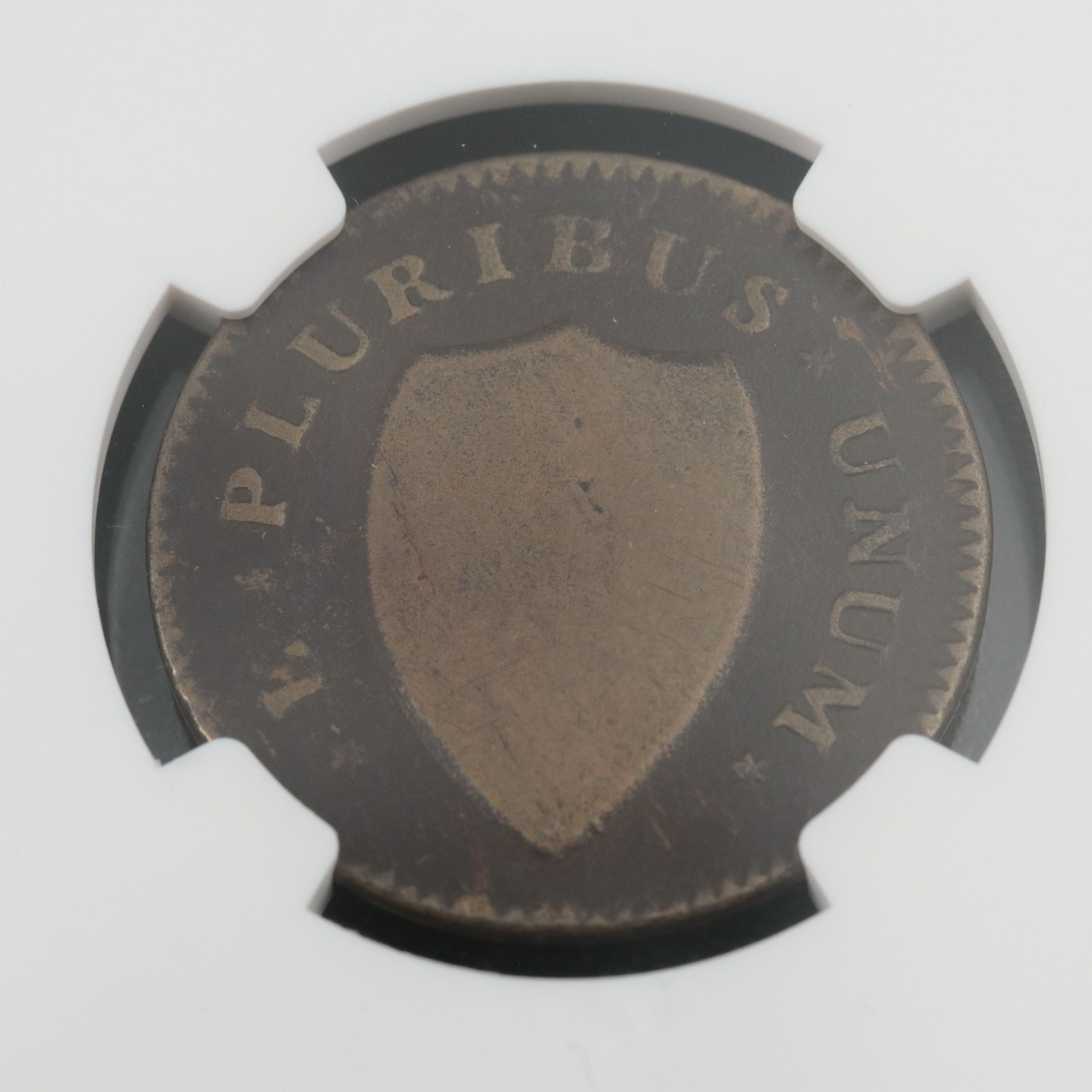 NGC Graded VG8 BN 1786 New Jersey Copper, Curved Beam Variety