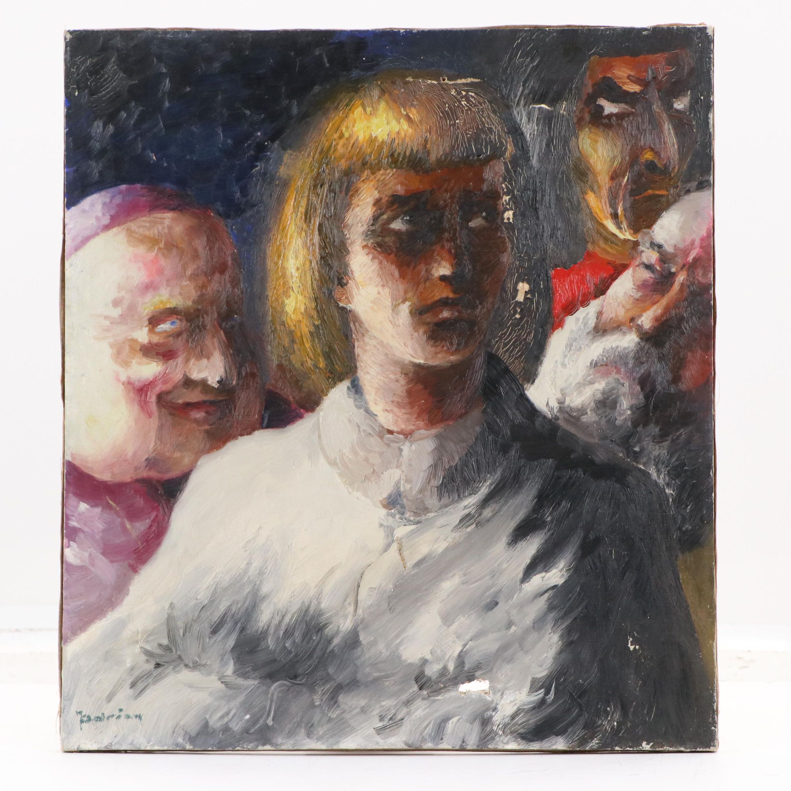Oil Painting of Narrative Scene with Four Figures, Mid-20th Century
