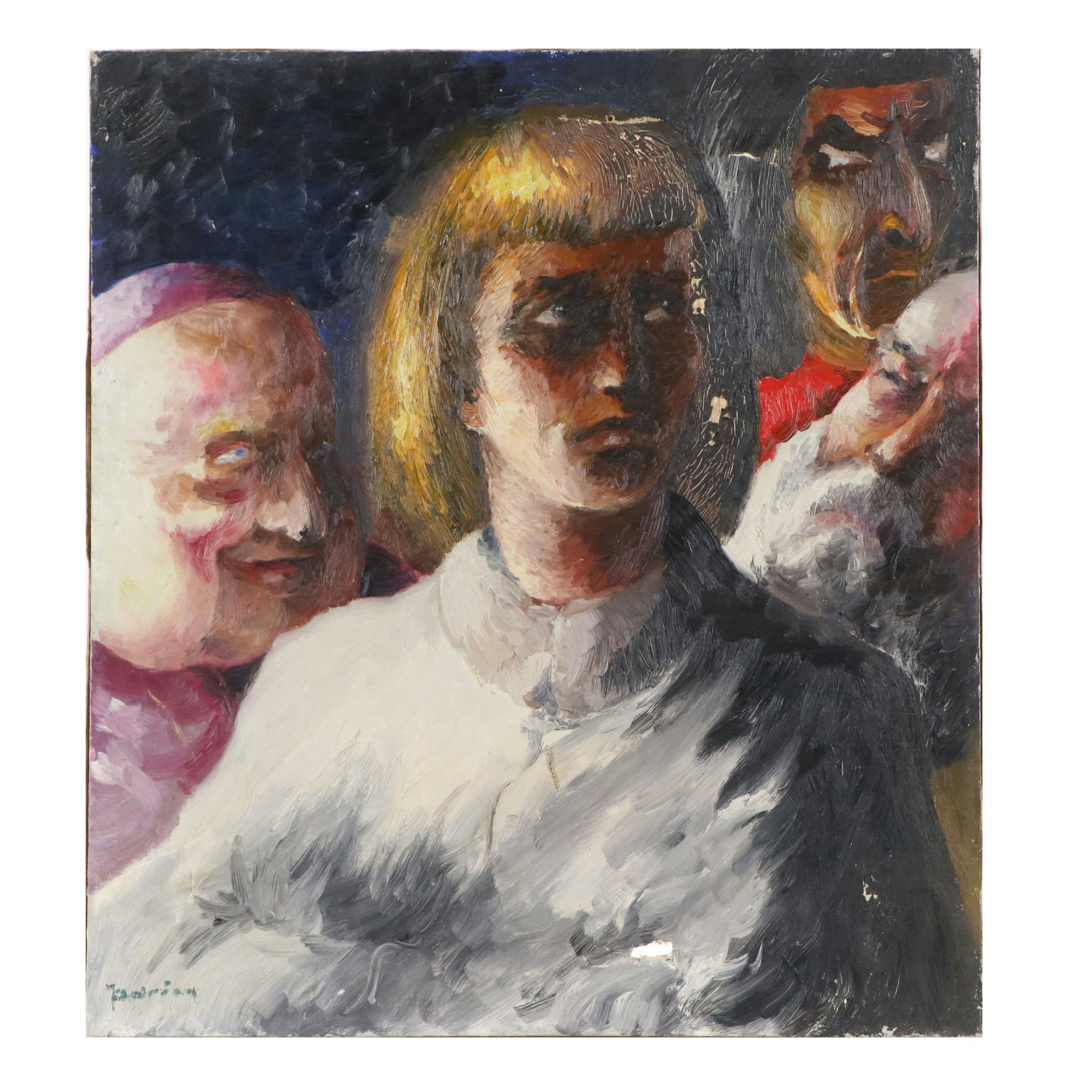 Oil Painting of Narrative Scene with Four Figures, Mid-20th Century
