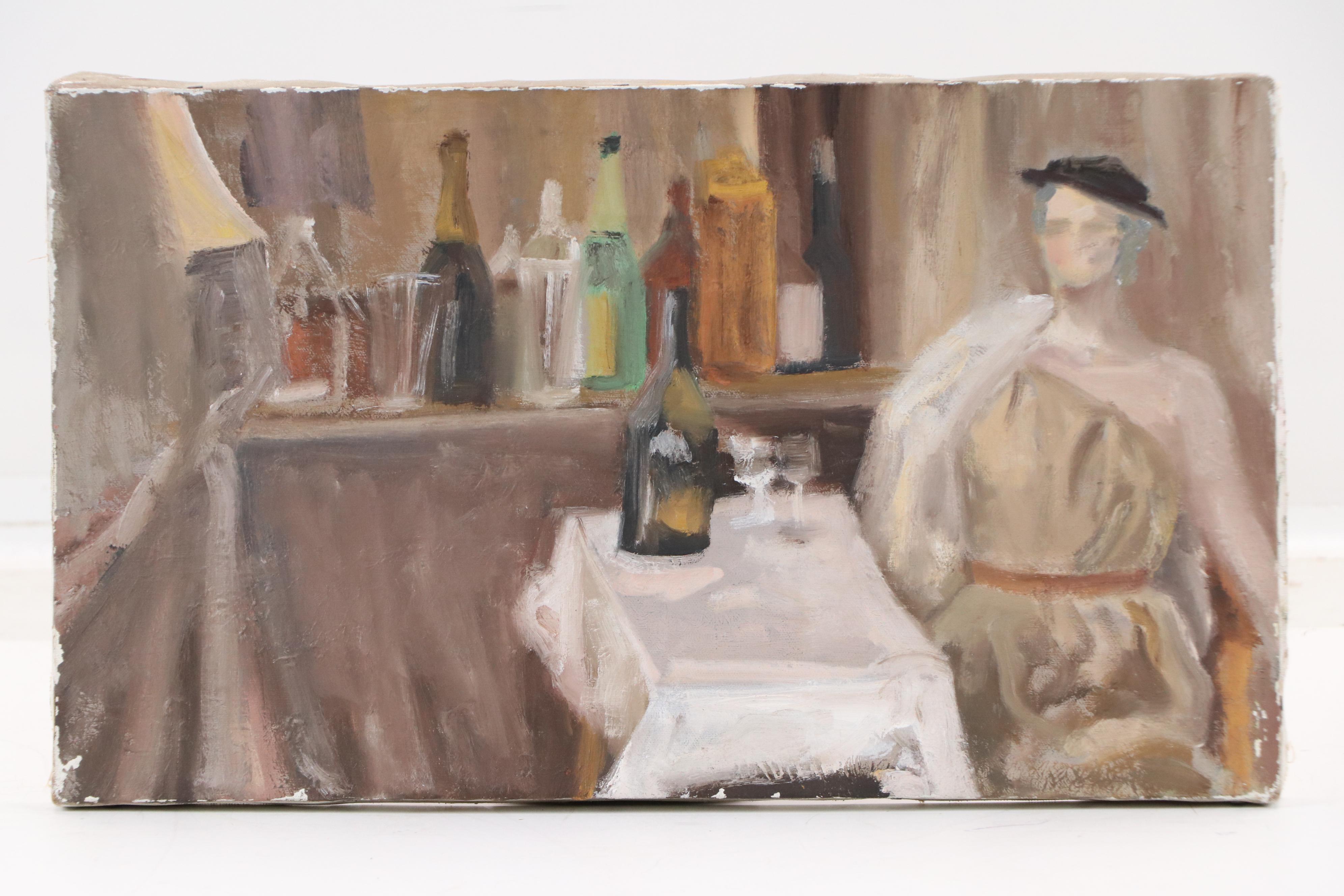 Mario Jose Torres Oil Painting of Seated Figure at Bar, 1985