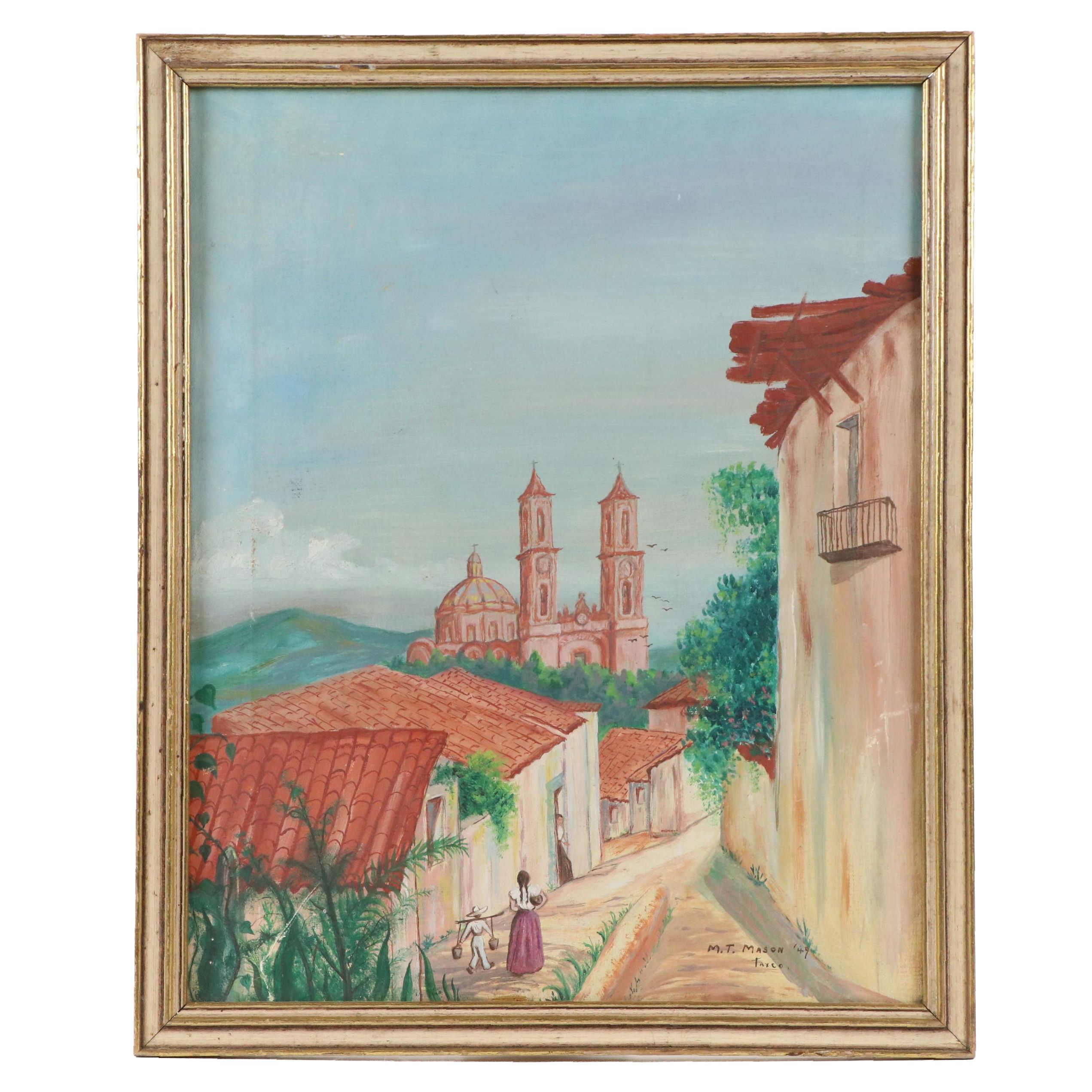 Mexican Village Scene Oil Painting with Taxco Cathedral in Distance, 1949