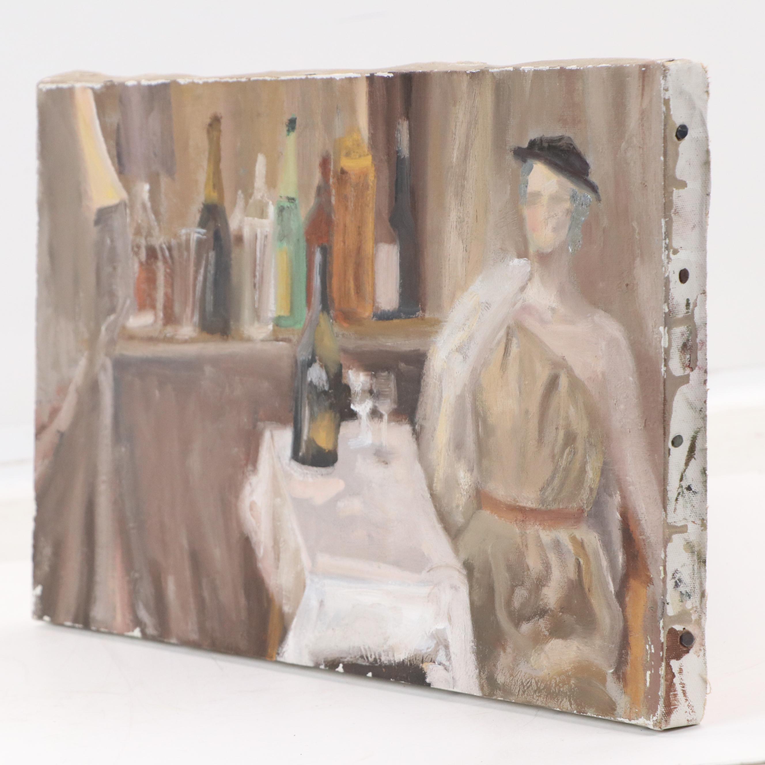 Mario Jose Torres Oil Painting of Seated Figure at Bar, 1985