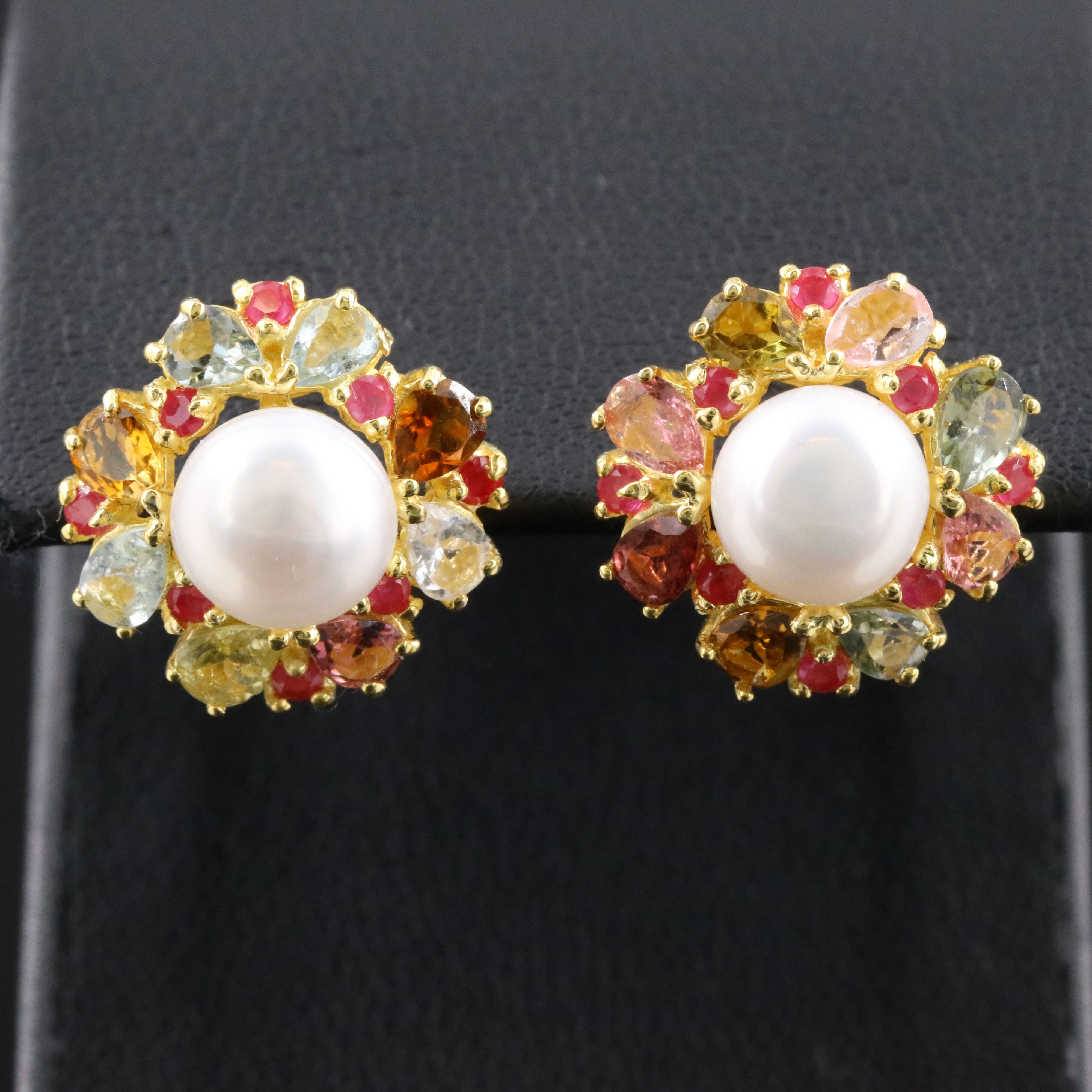 Sterling Pearl, Ruby and Tourmaline Earrings