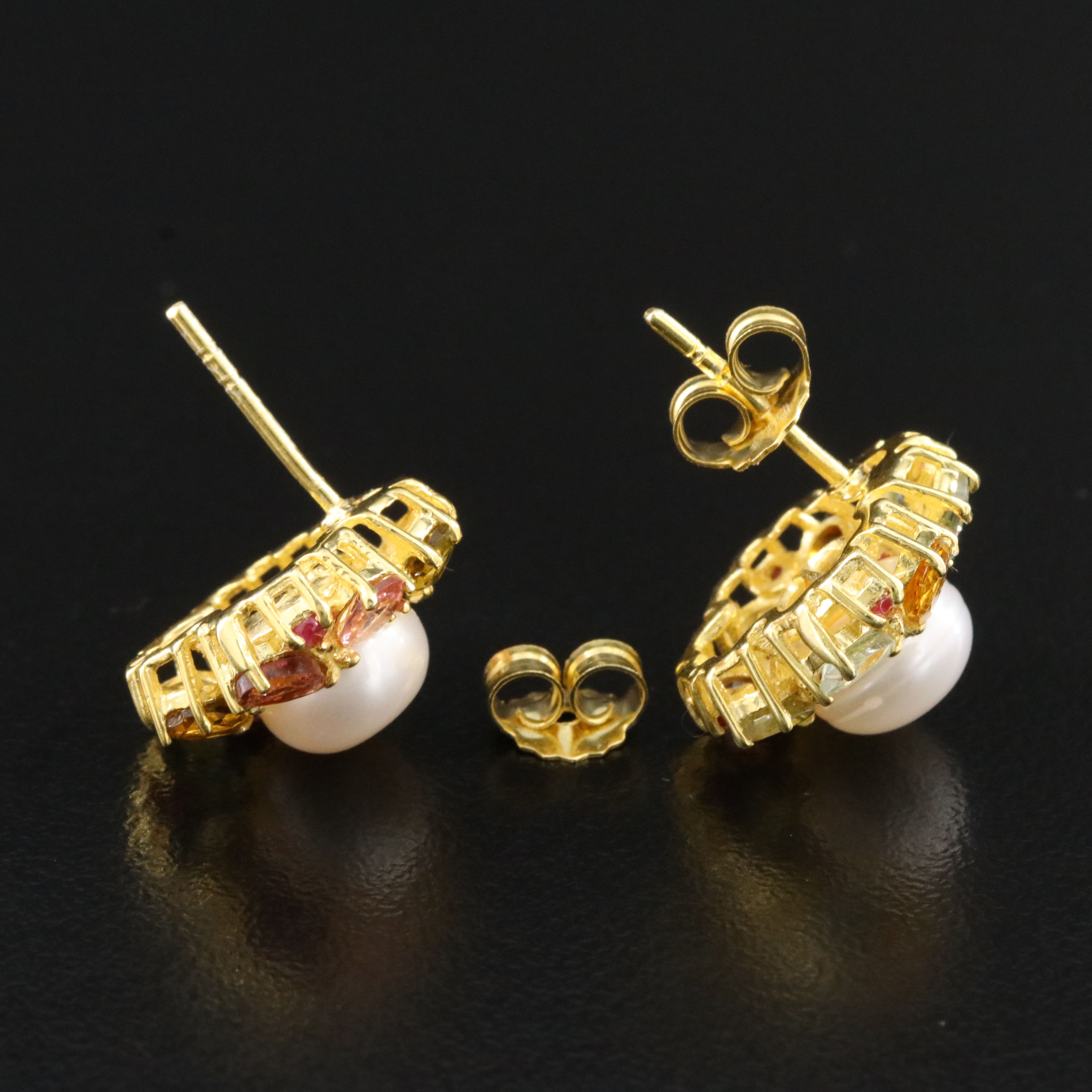 Sterling Pearl, Ruby and Tourmaline Earrings