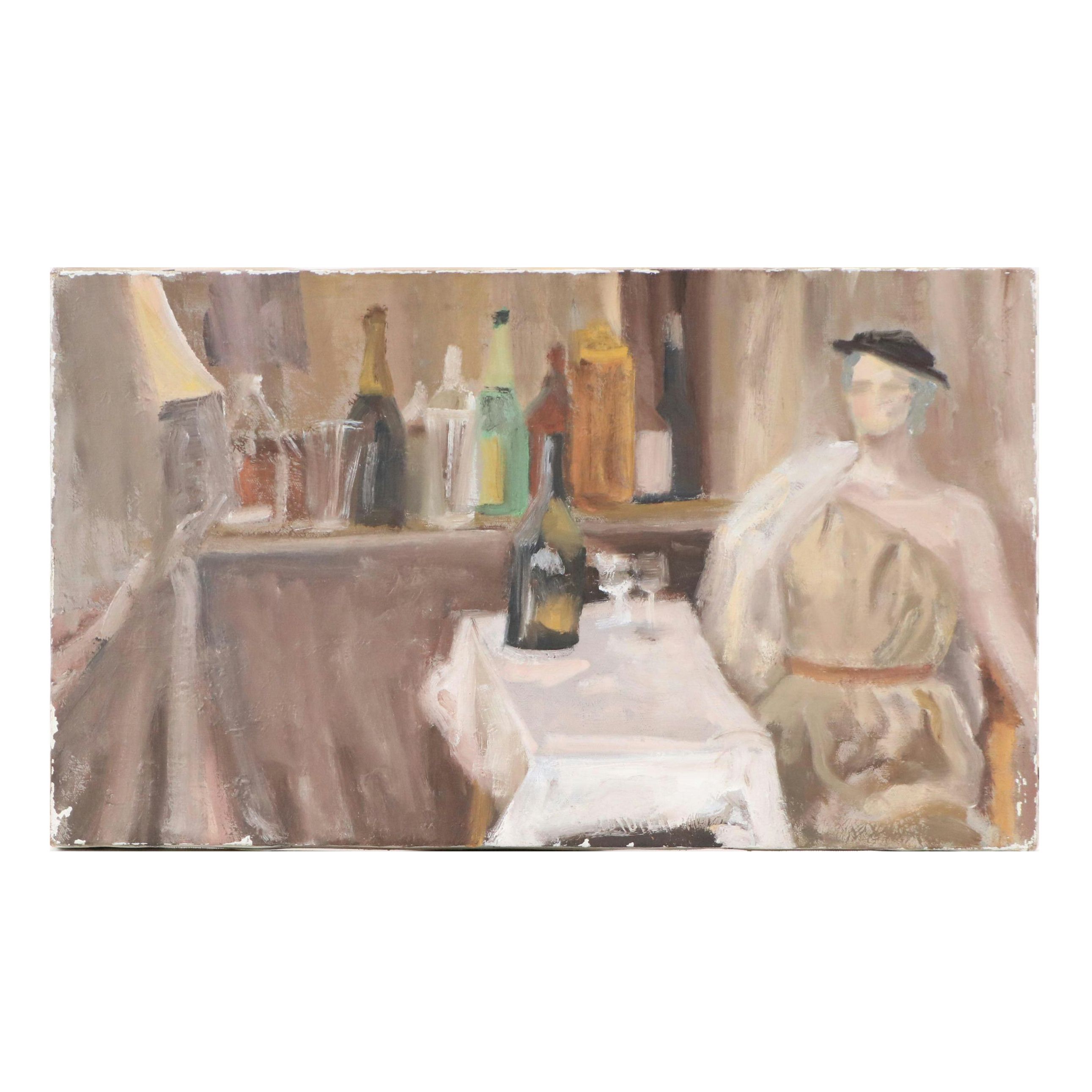 Mario Jose Torres Oil Painting of Seated Figure at Bar, 1985