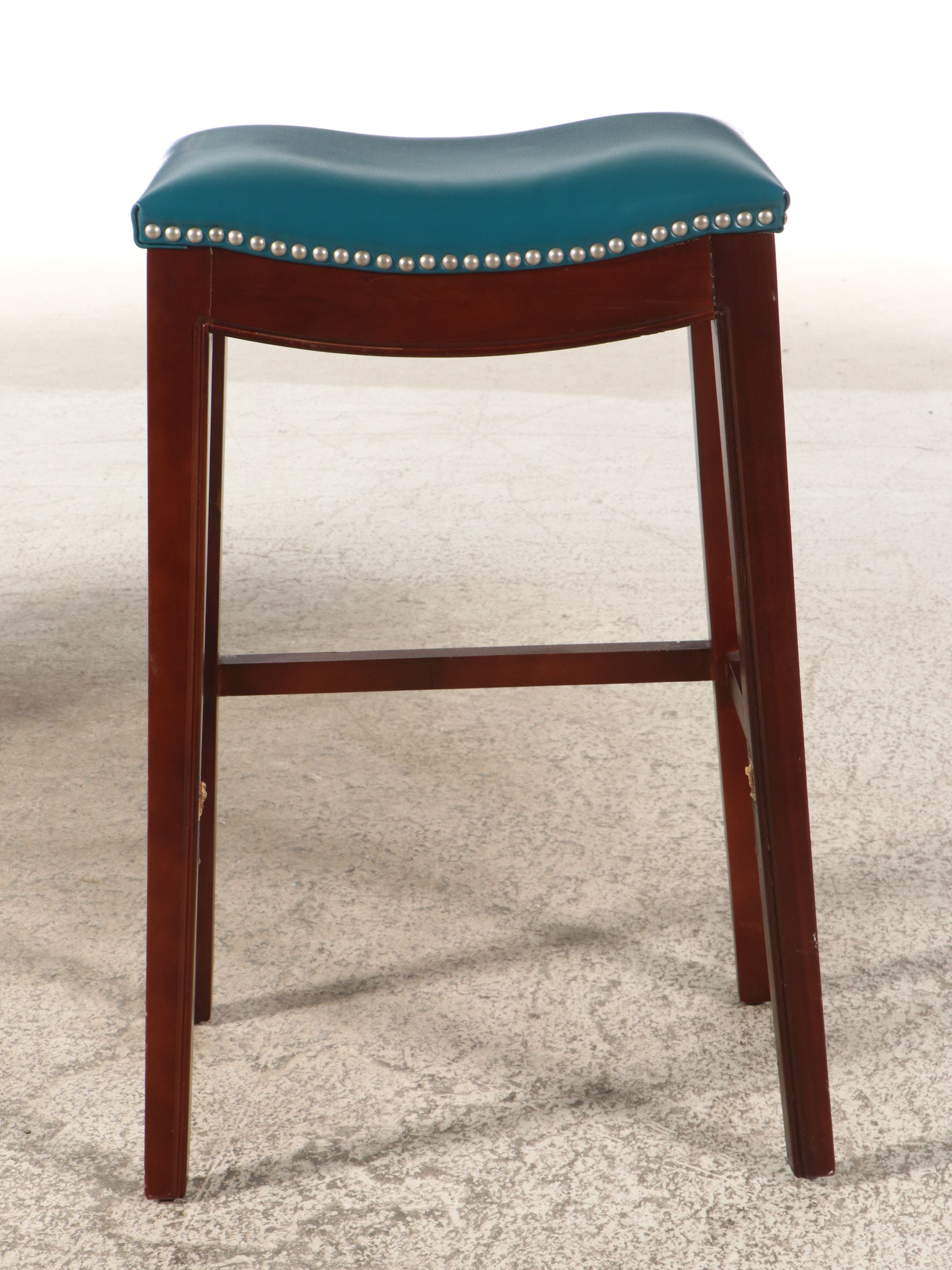 Pair of Walnut Finish Stools with Nailhead Trim Accented Faux Leather Seats