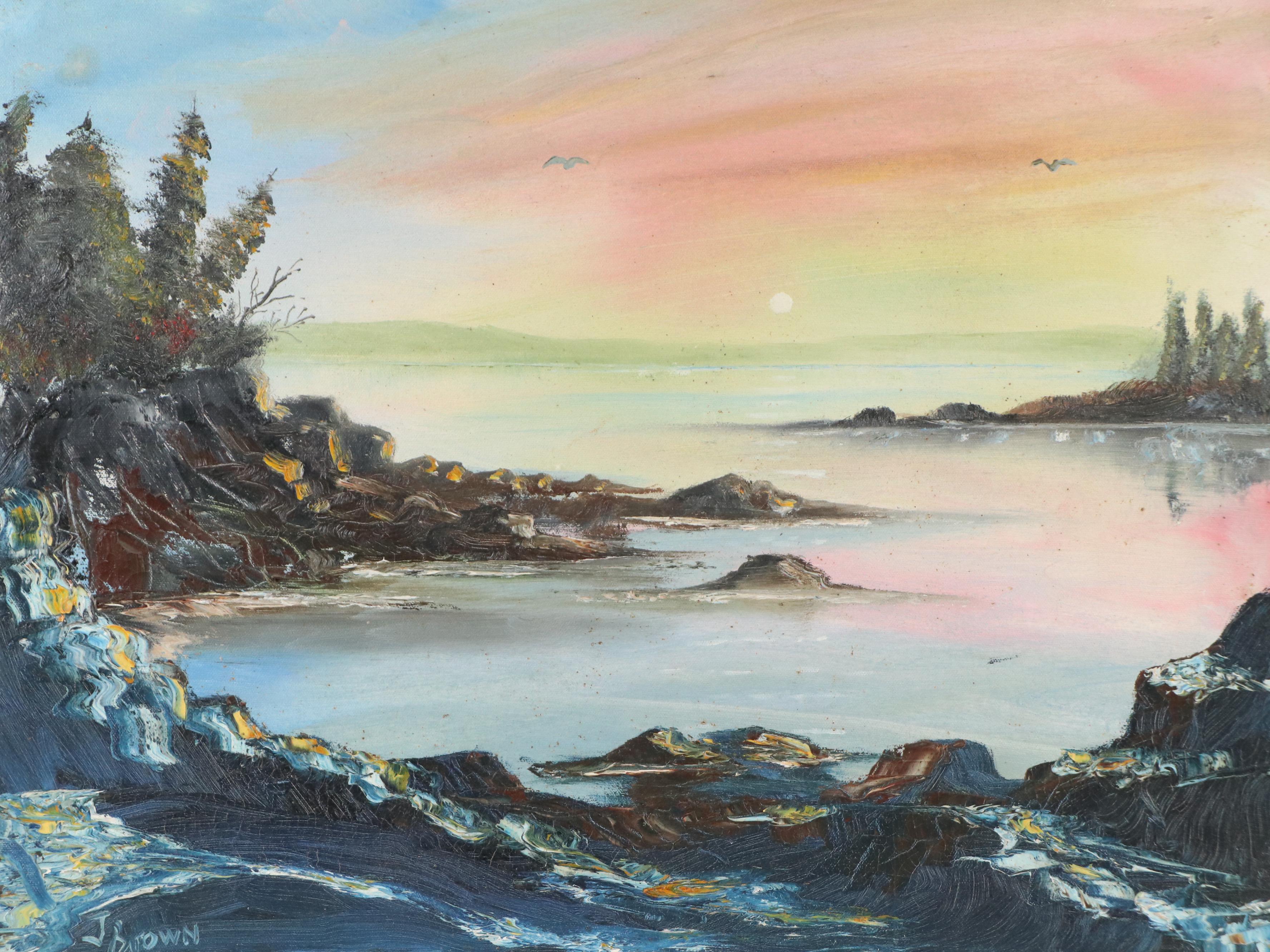 Coastal Landscape at Sunset Oil Painting, 20th Century