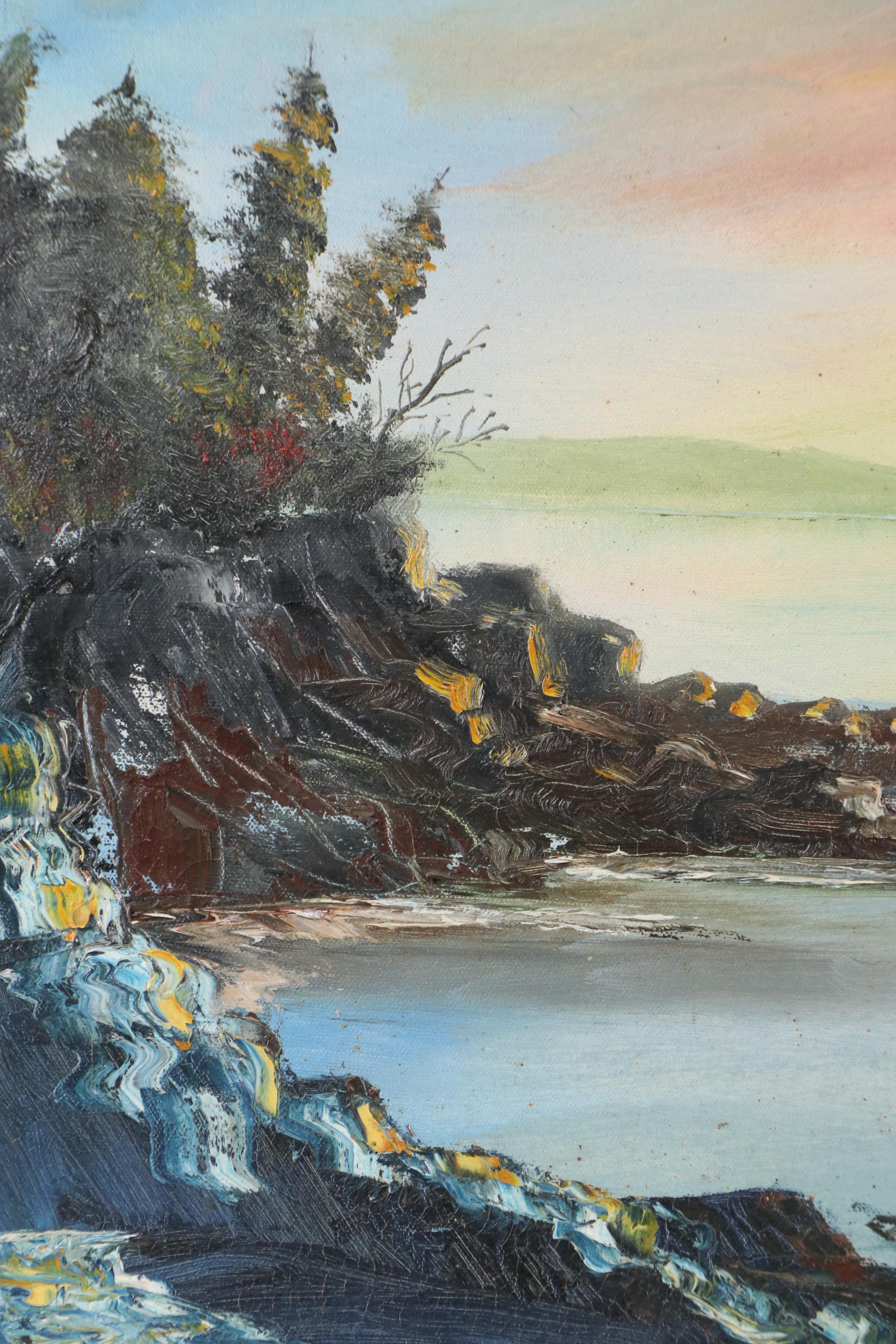 Coastal Landscape at Sunset Oil Painting, 20th Century