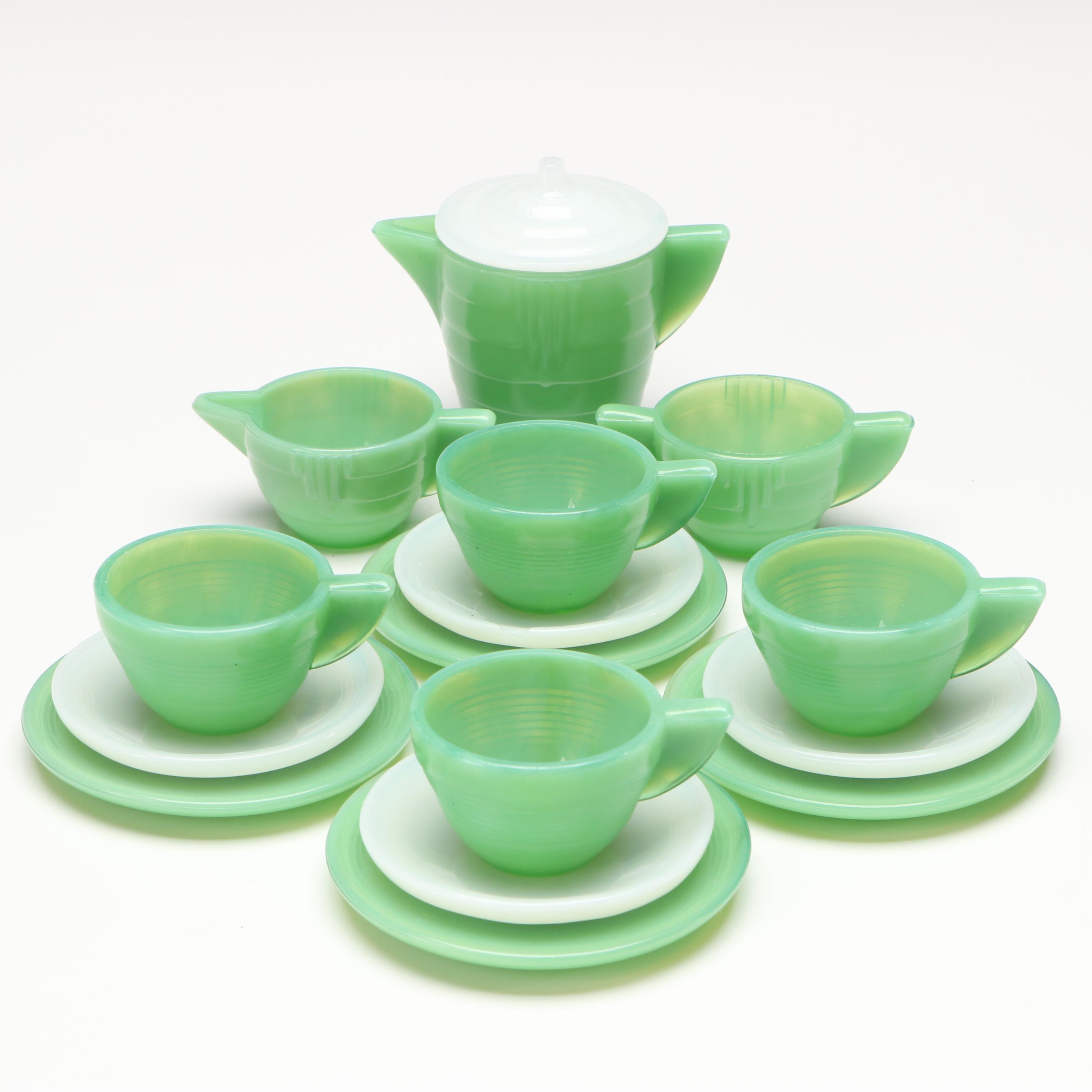 Akro Agate Art Deco Style Jadeite and Milk Glass "Play-Time" Dishes