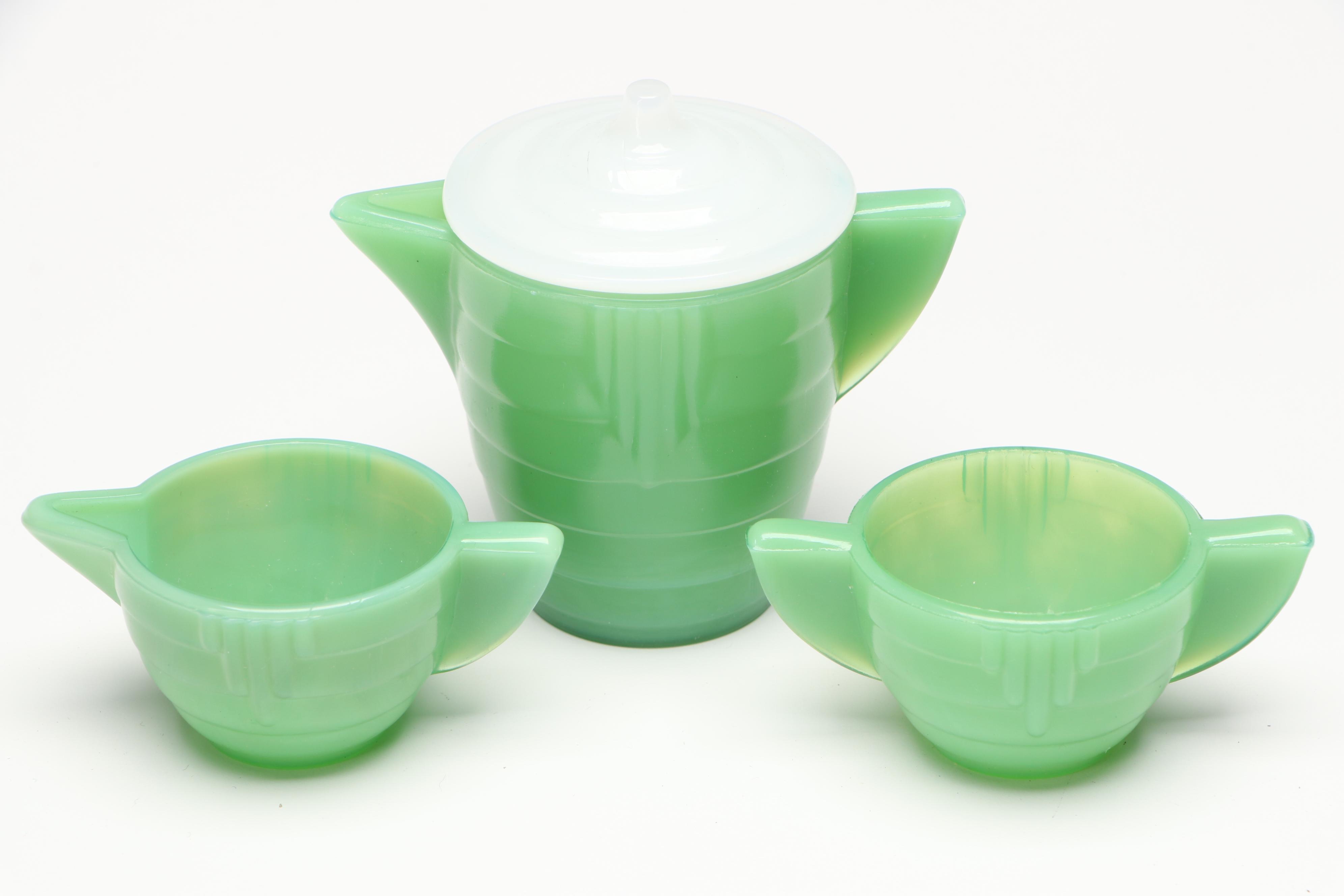Akro Agate Art Deco Style Jadeite and Milk Glass "Play-Time" Dishes