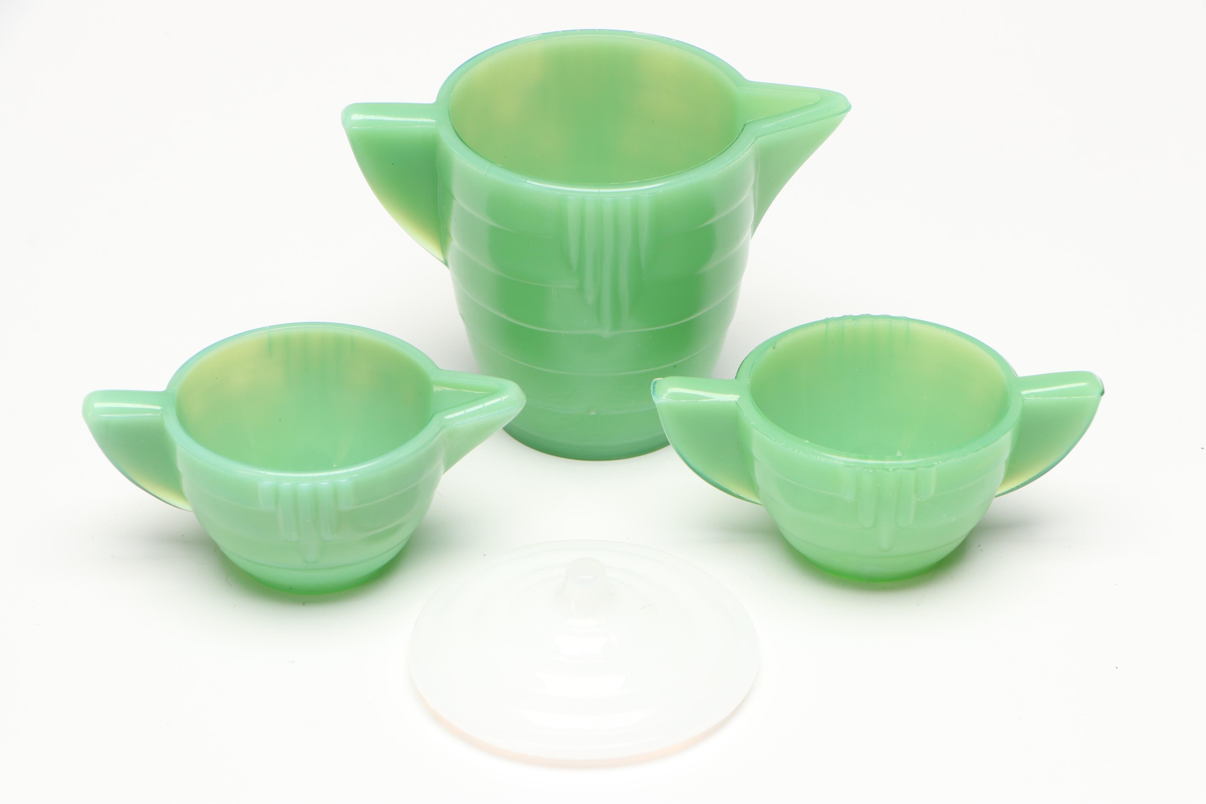 Akro Agate Art Deco Style Jadeite and Milk Glass "Play-Time" Dishes