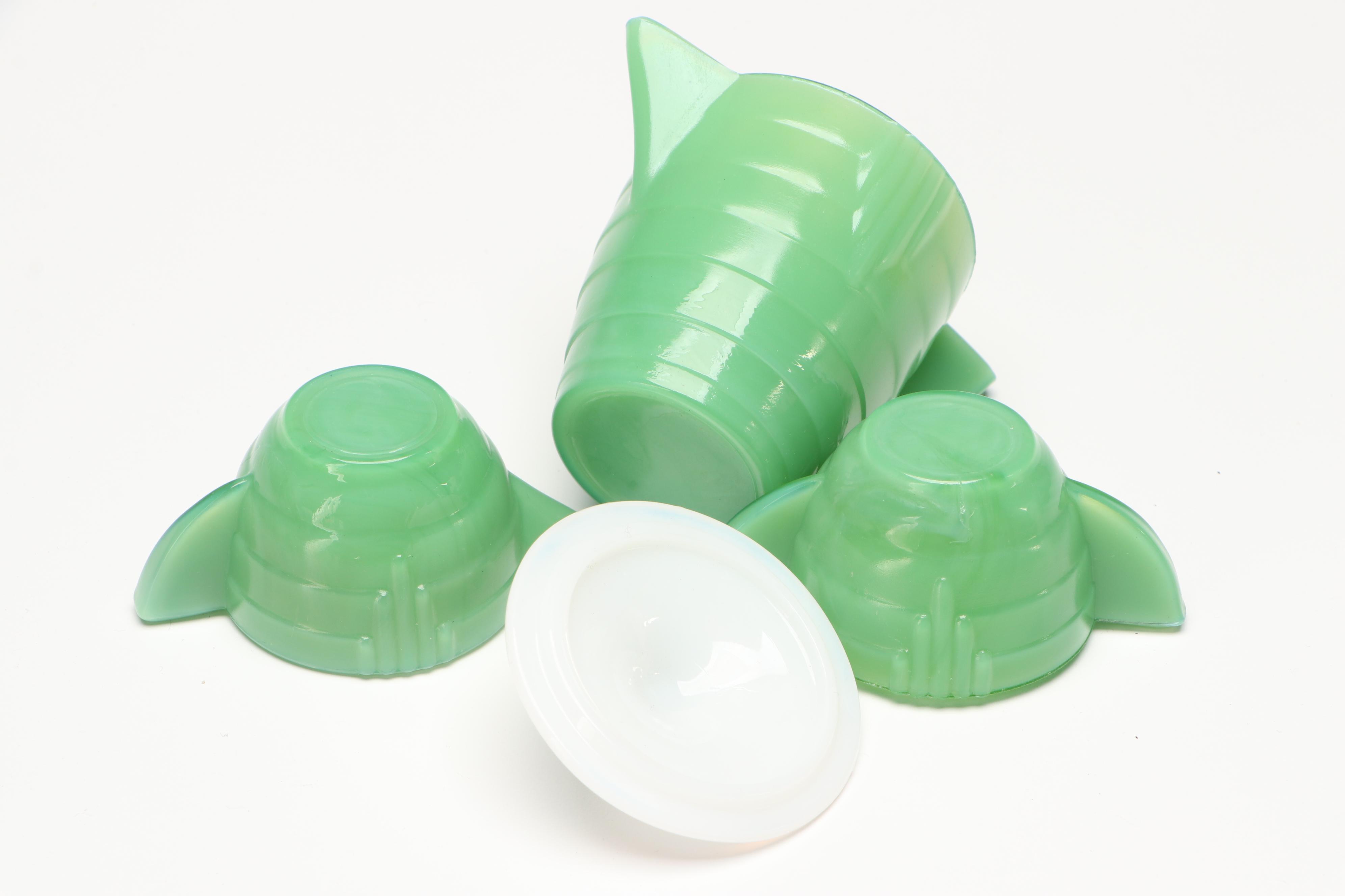 Akro Agate Art Deco Style Jadeite and Milk Glass "Play-Time" Dishes