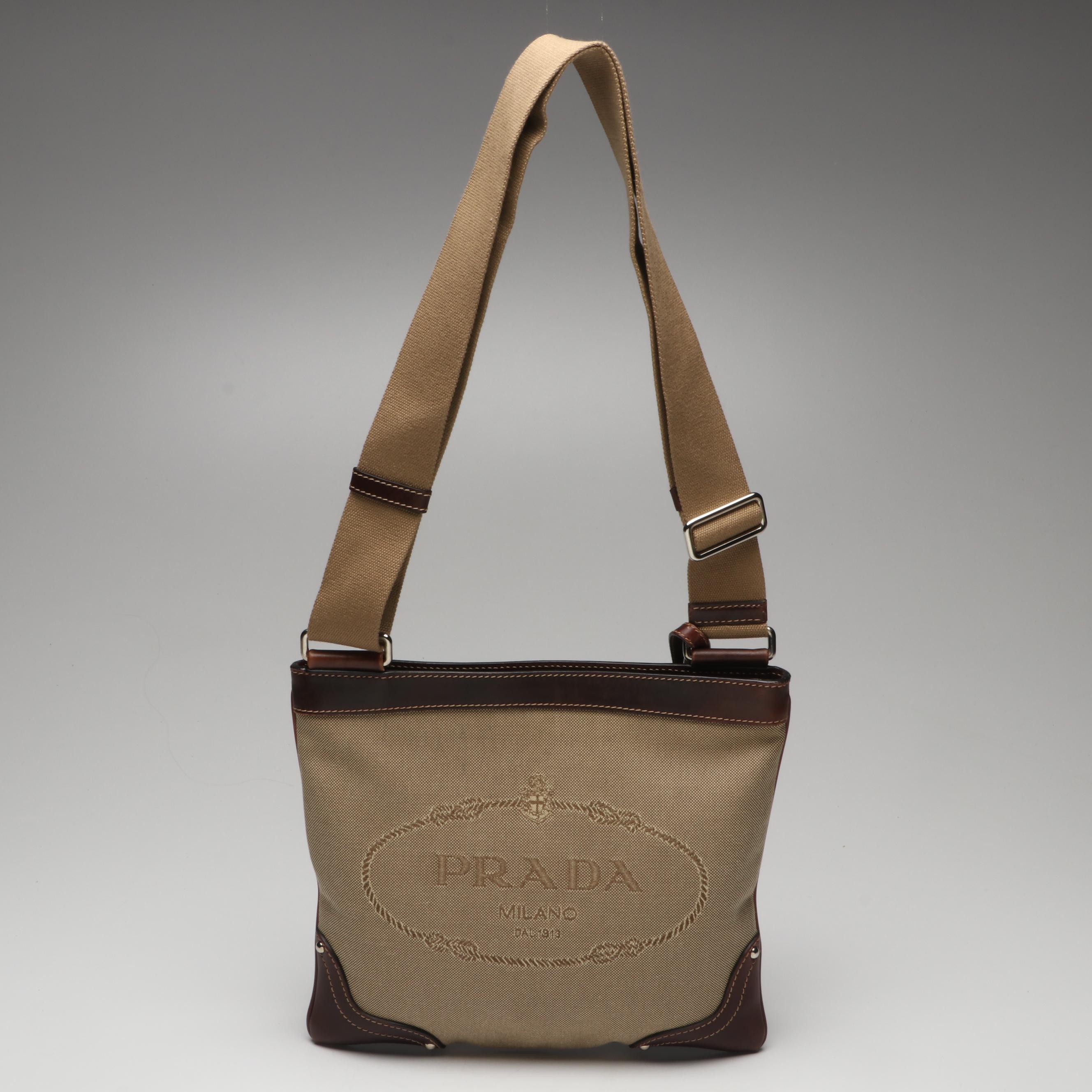 Prada Canapa Canvas Crossbody Bag in Nylon Canvas and Brown Leather Trim