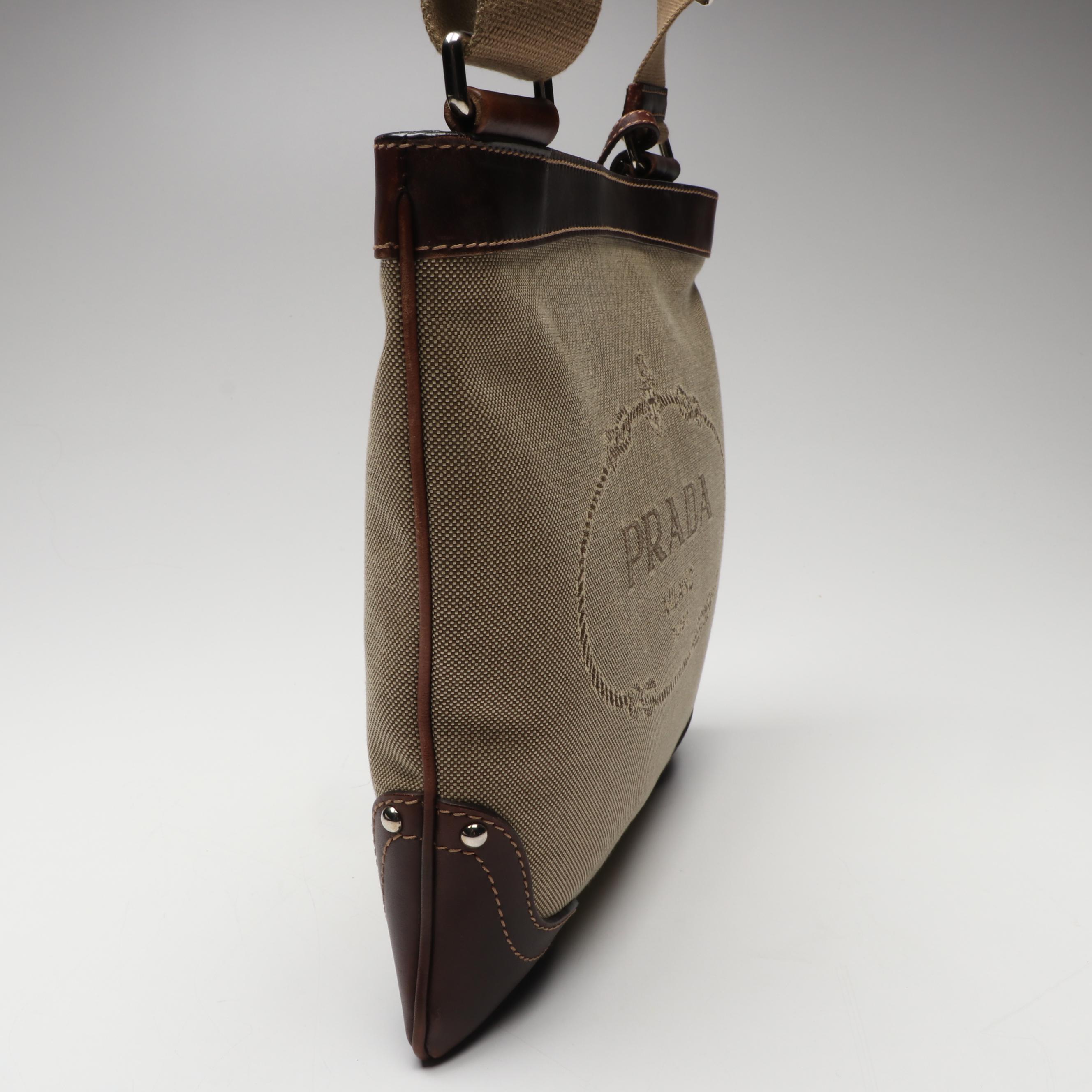 Prada Canapa Canvas Crossbody Bag in Nylon Canvas and Brown Leather Trim