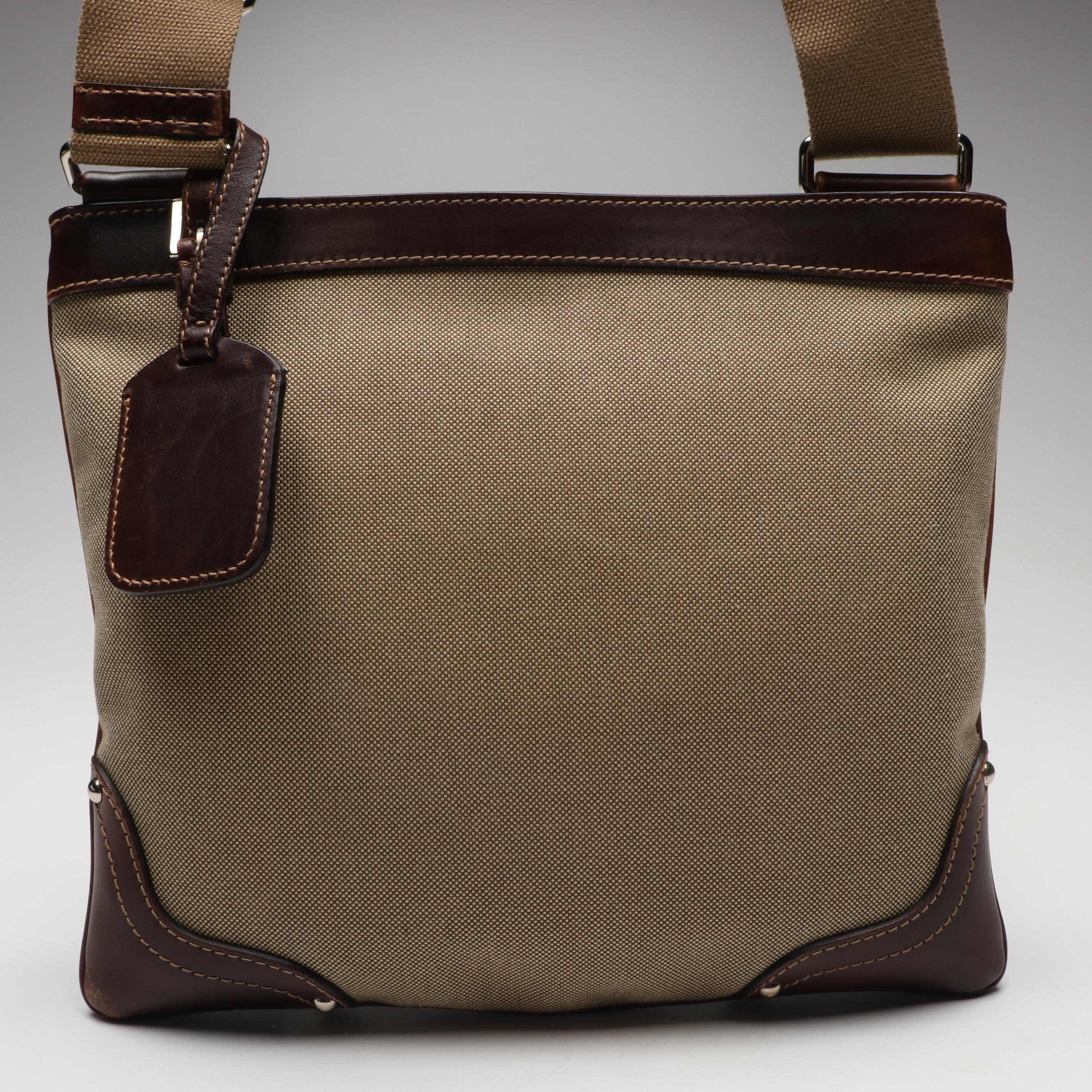 Prada Canapa Canvas Crossbody Bag in Nylon Canvas and Brown Leather Trim