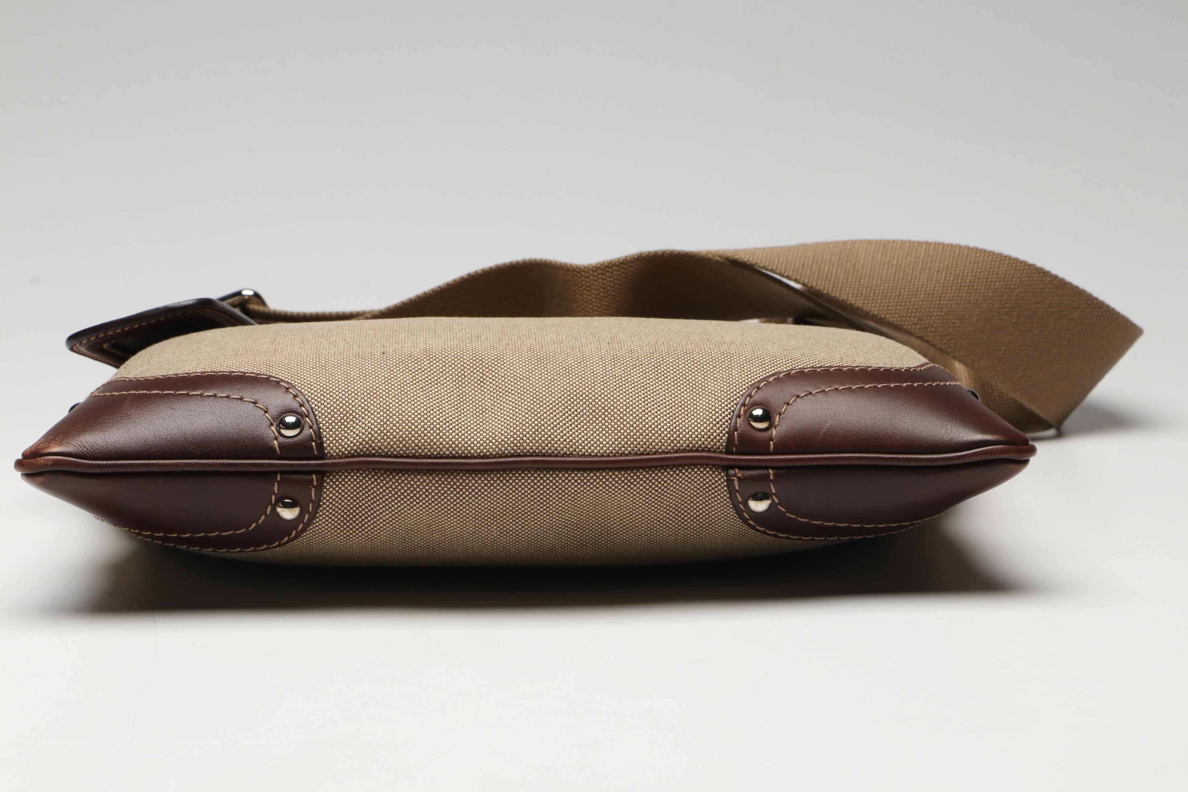 Prada Canapa Canvas Crossbody Bag in Nylon Canvas and Brown Leather Trim