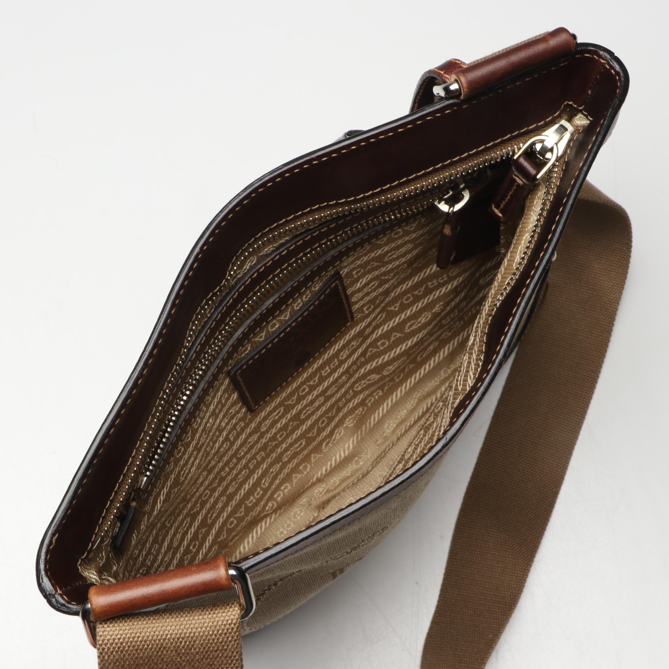 Prada Canapa Canvas Crossbody Bag in Nylon Canvas and Brown Leather Trim