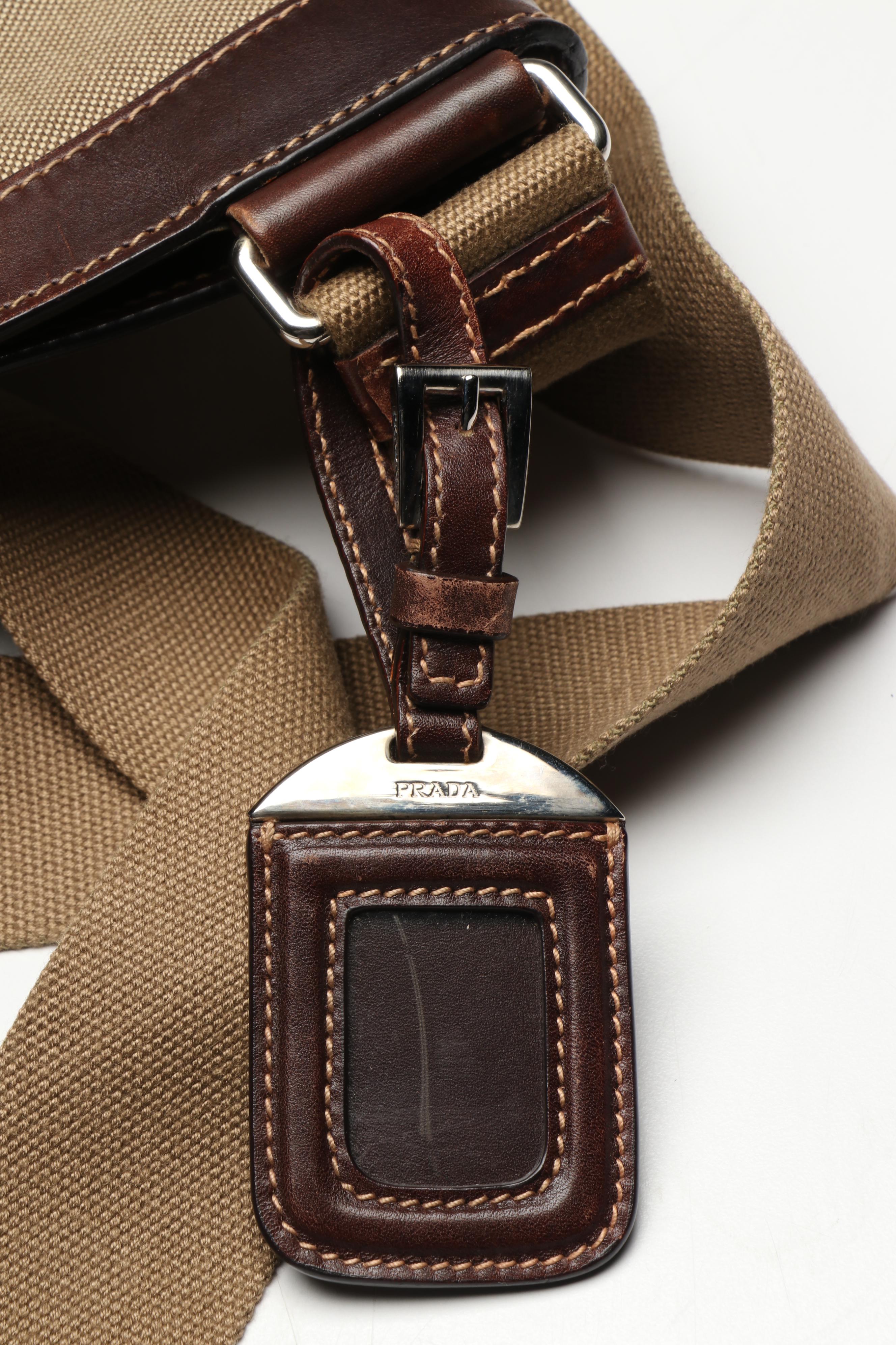 Prada Canapa Canvas Crossbody Bag in Nylon Canvas and Brown Leather Trim