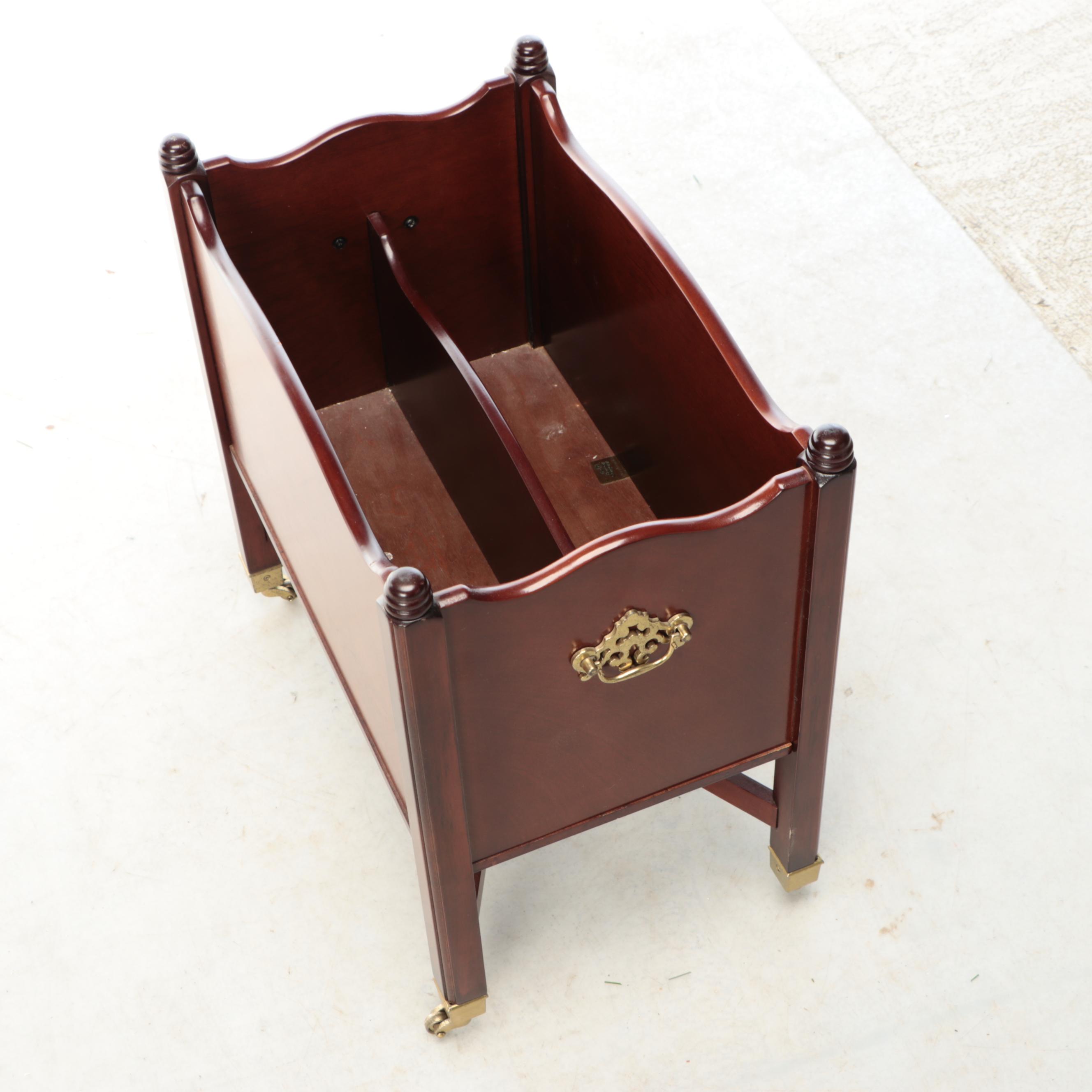 Bombay Company Mahogany Finish Wood Magazine Rack with Brass Casters and Handles