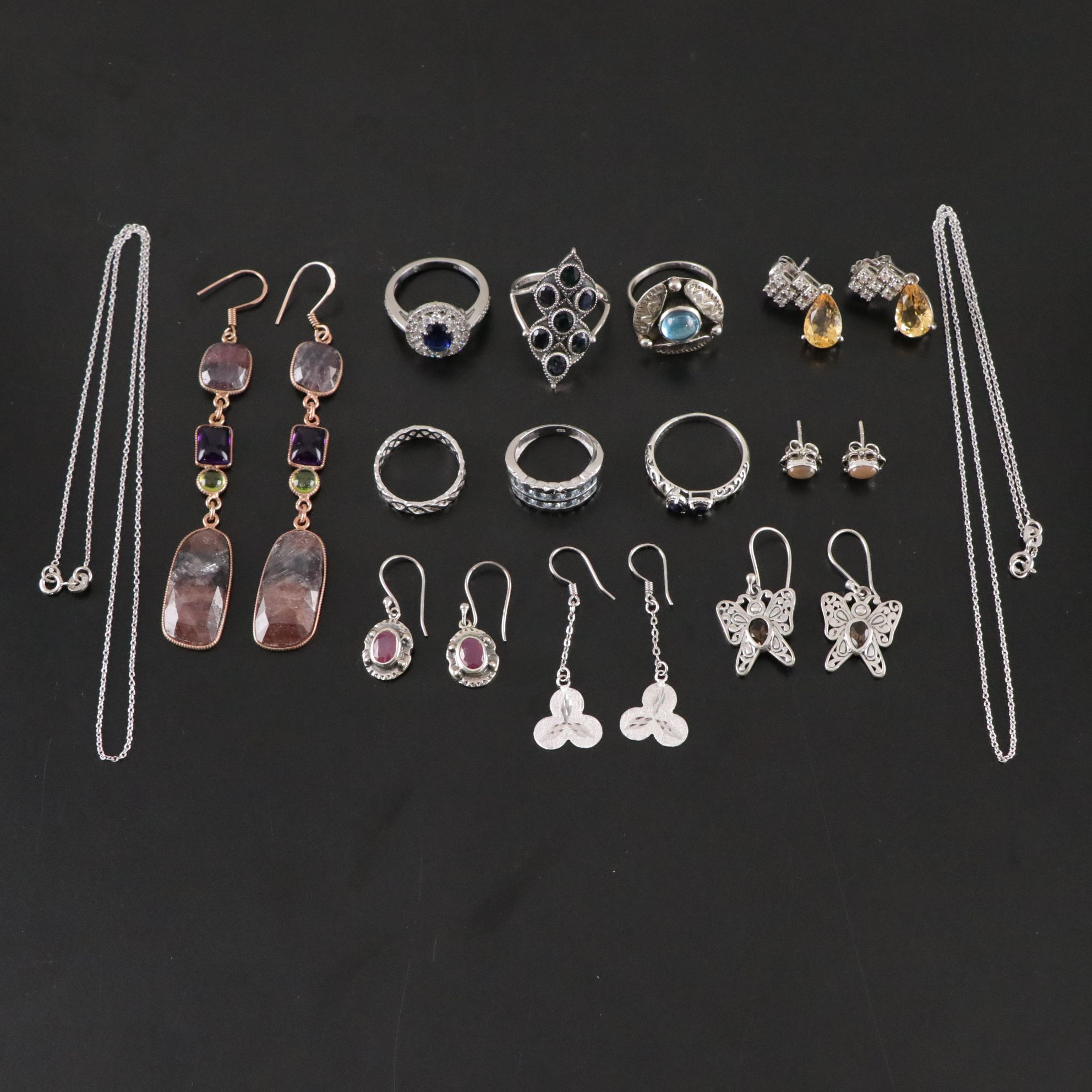 14 Assorted Sterling Silver Rings, Necklaces and Earrings