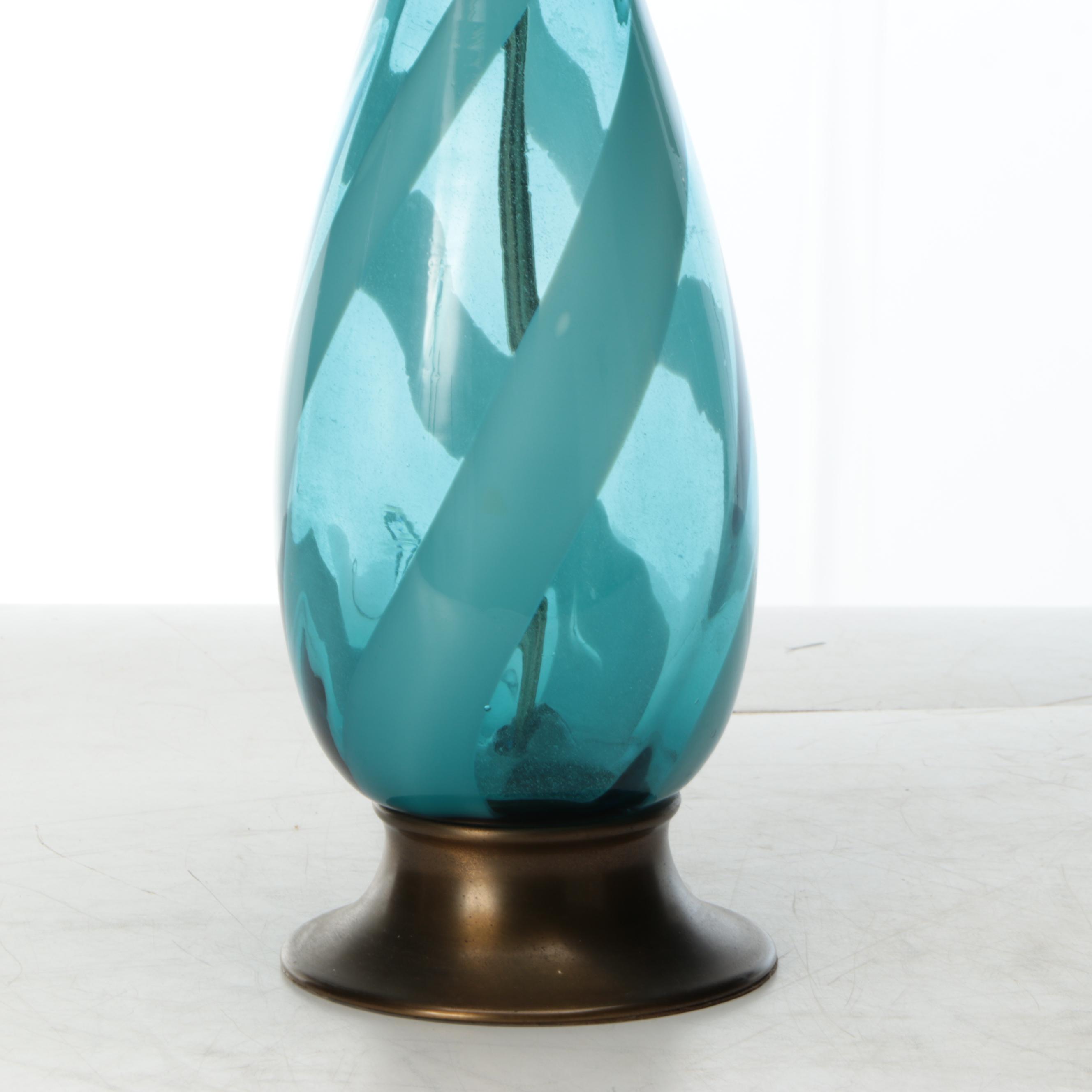 MCM Murano Style Spiral Blue Glass Table Lamp with Cotton Shade