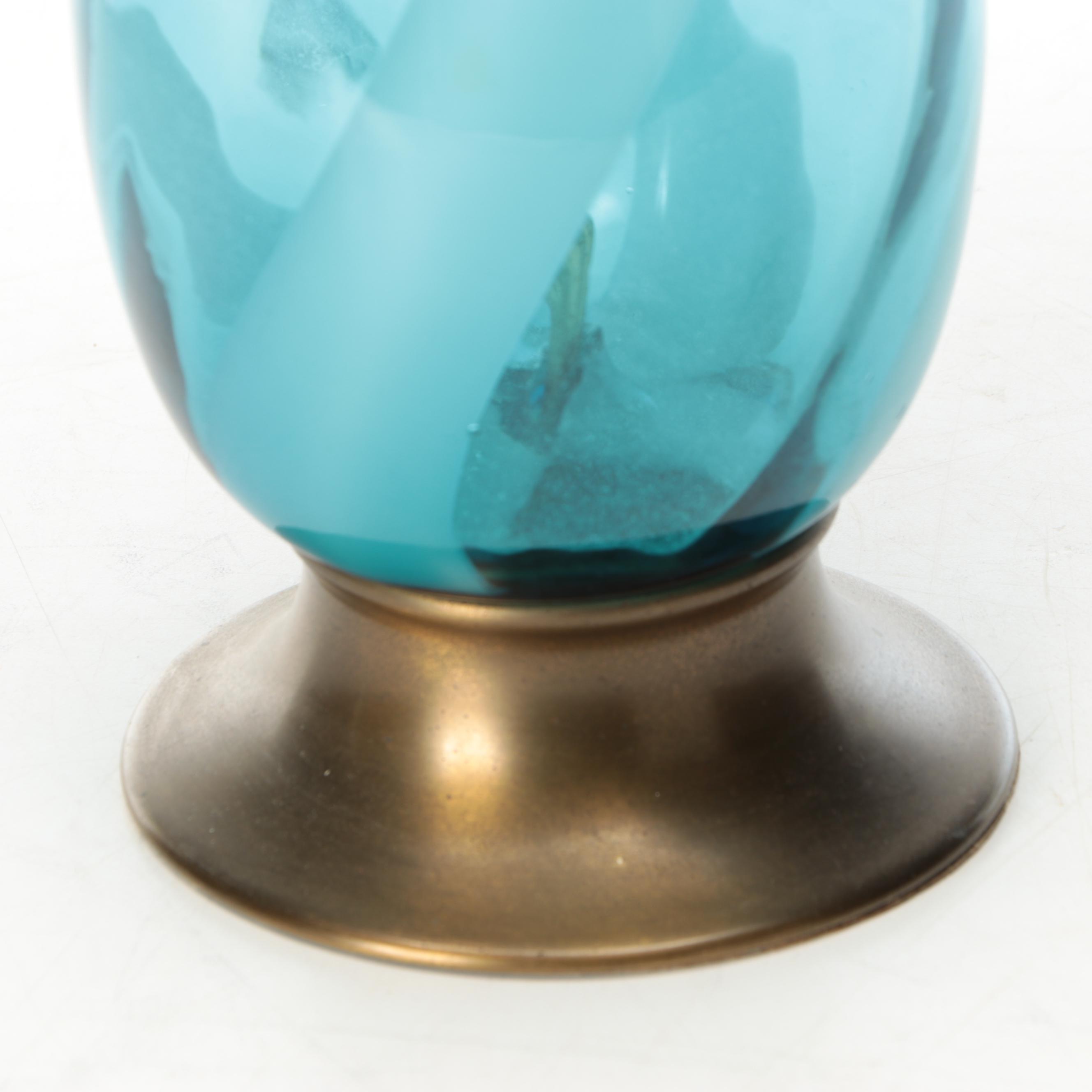 MCM Murano Style Spiral Blue Glass Table Lamp with Cotton Shade