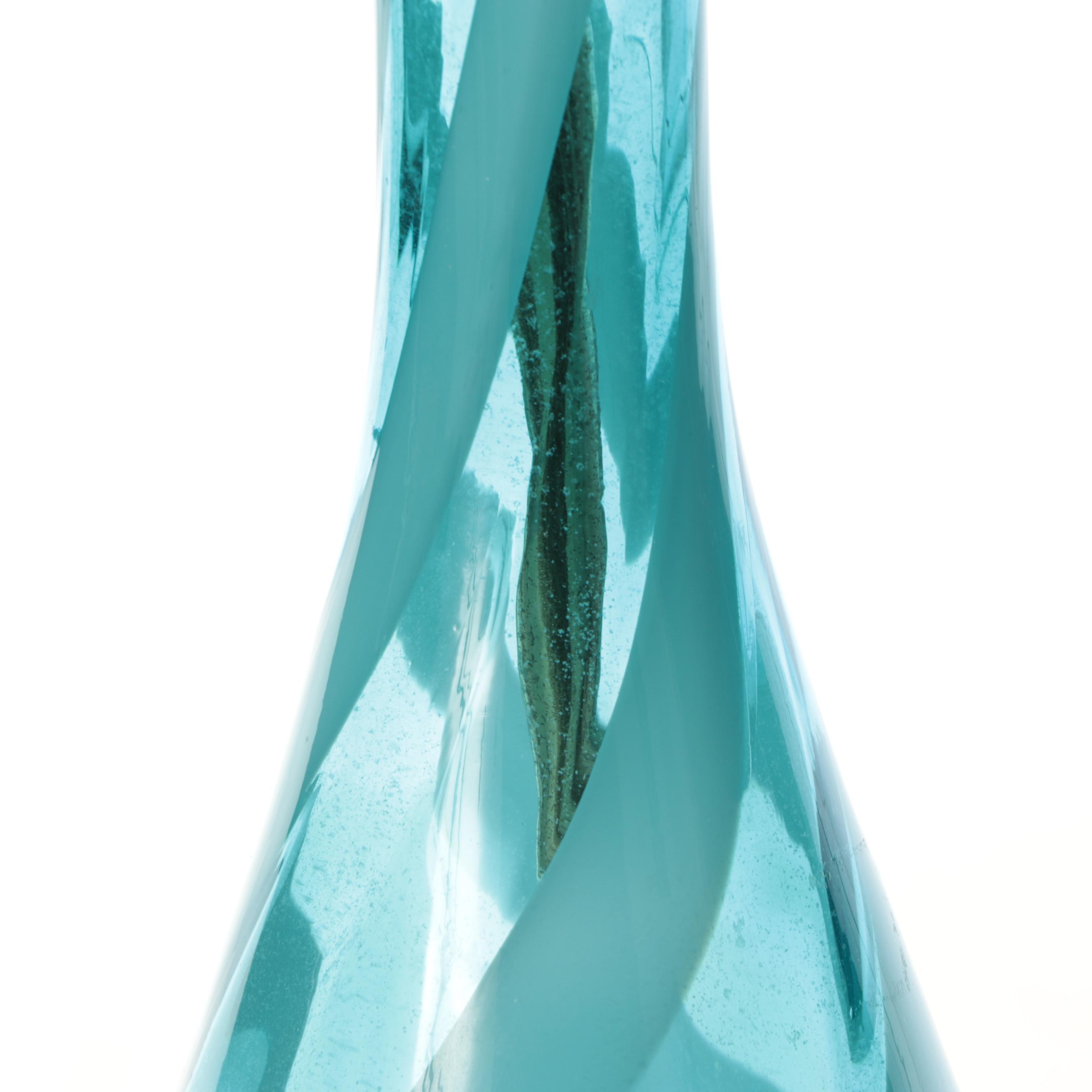 MCM Murano Style Spiral Blue Glass Table Lamp with Cotton Shade