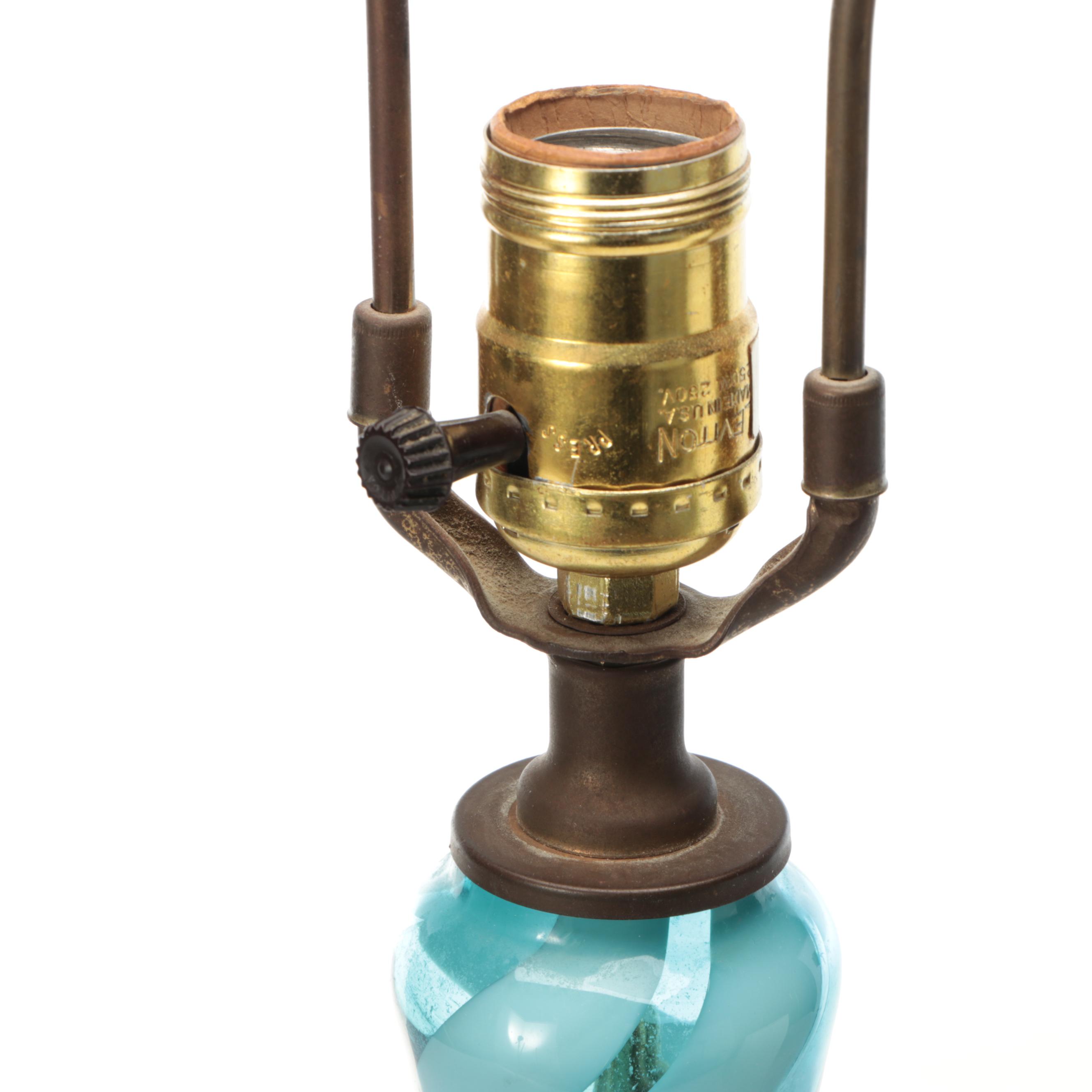 MCM Murano Style Spiral Blue Glass Table Lamp with Cotton Shade