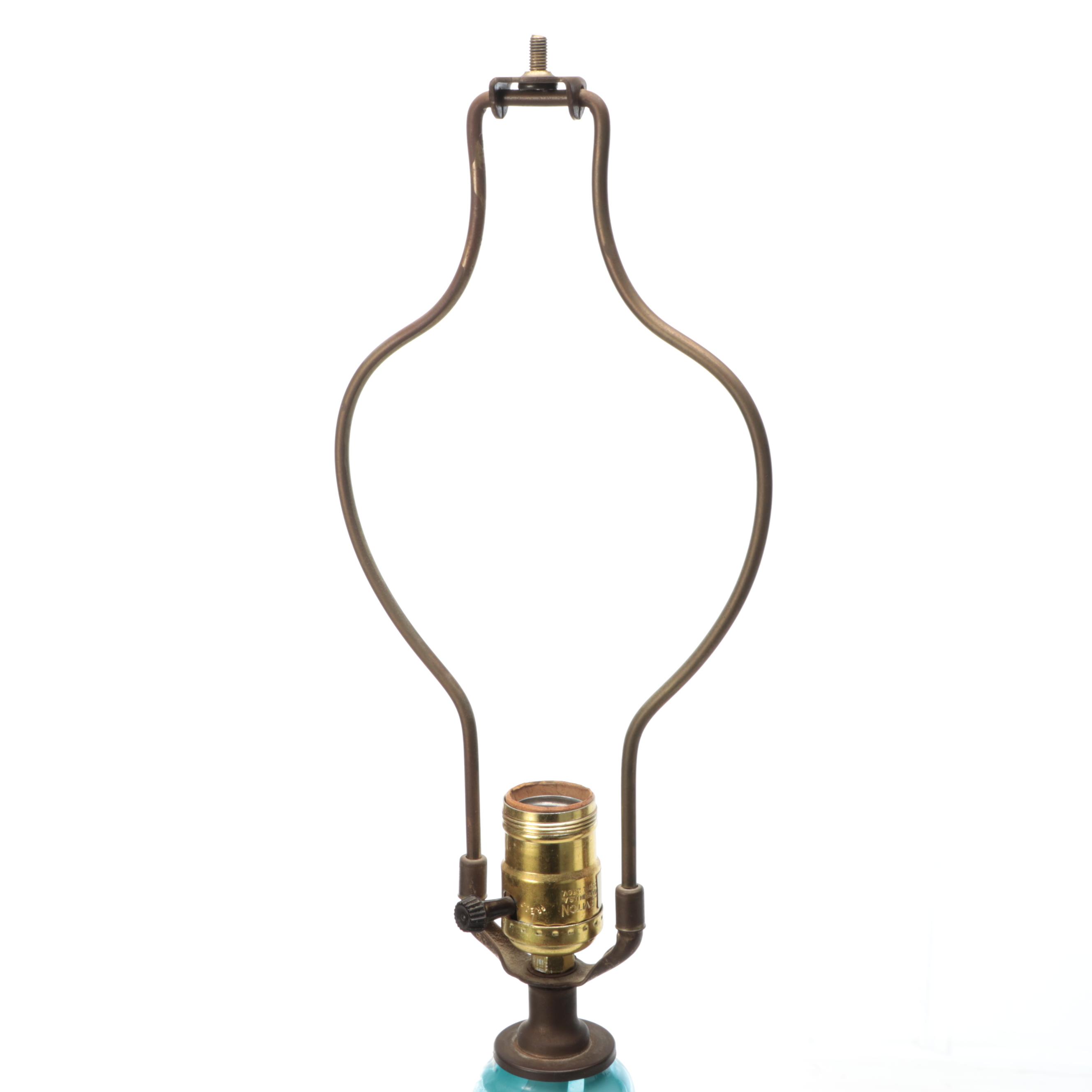 MCM Murano Style Spiral Blue Glass Table Lamp with Cotton Shade