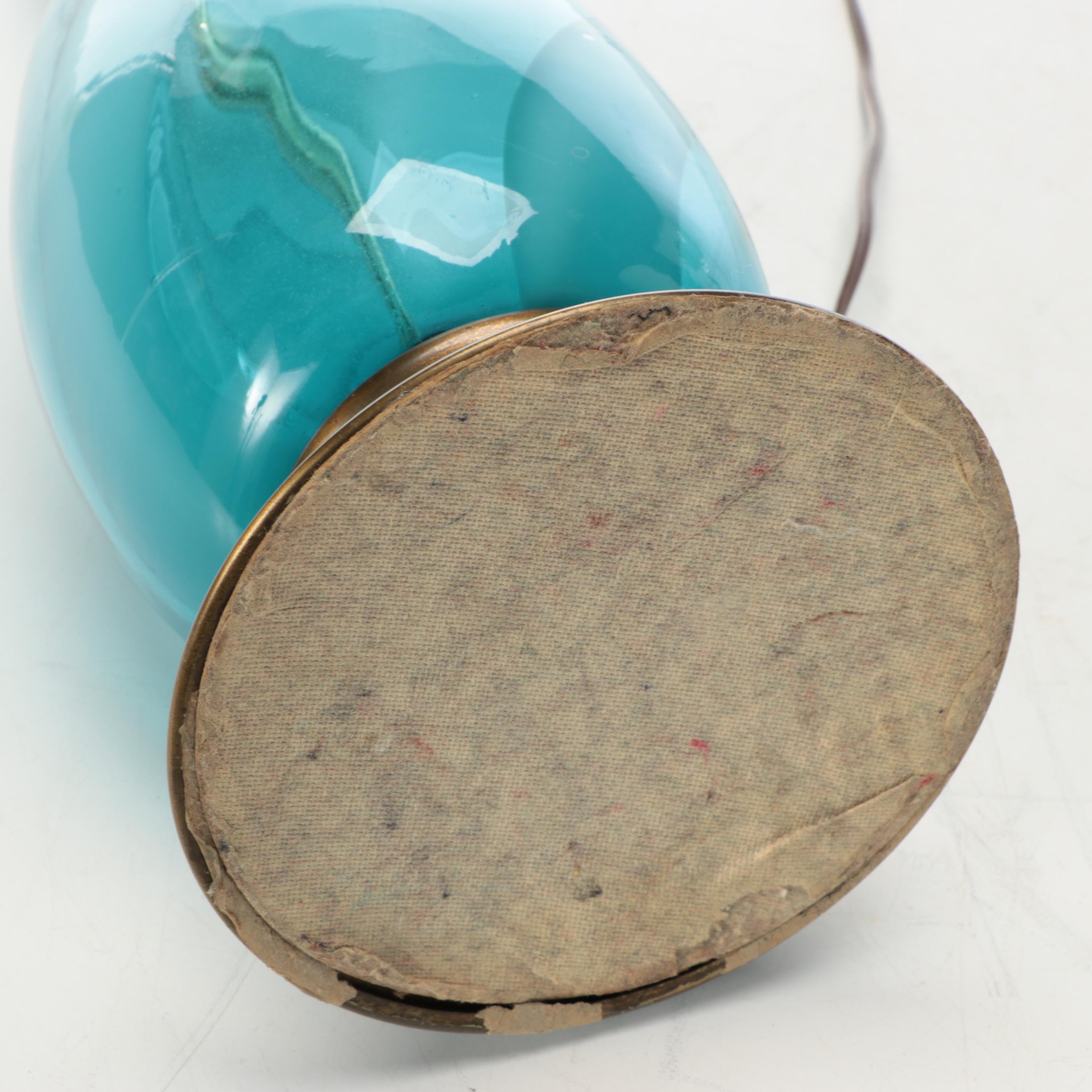 MCM Murano Style Spiral Blue Glass Table Lamp with Cotton Shade