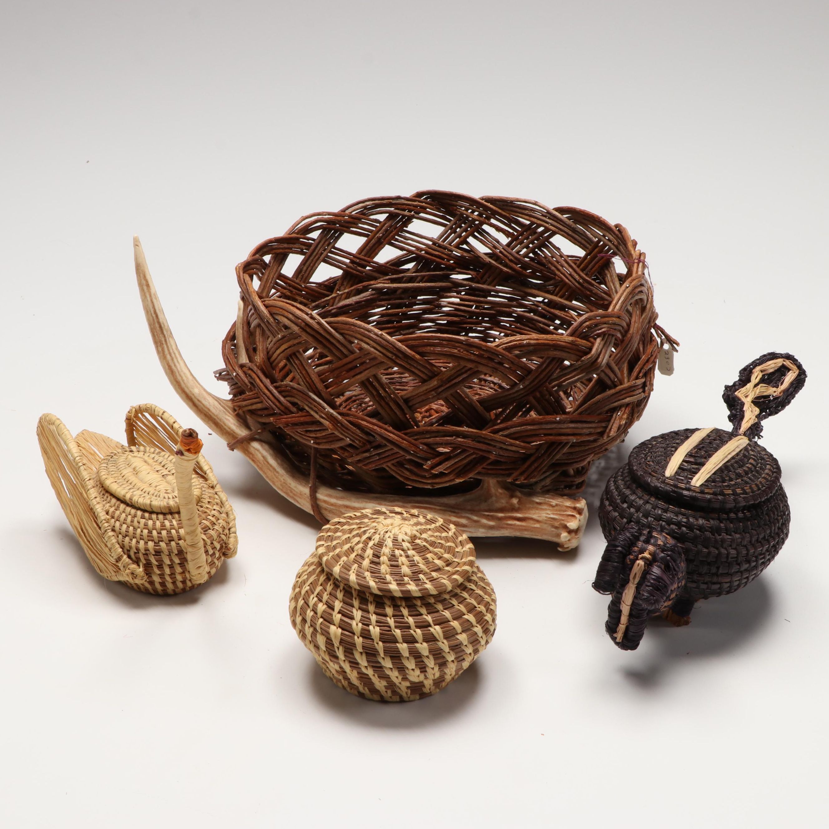 Mary Lou Olivas Deer Antler Basket with Coushatta Swan Effigy and Other Basketry