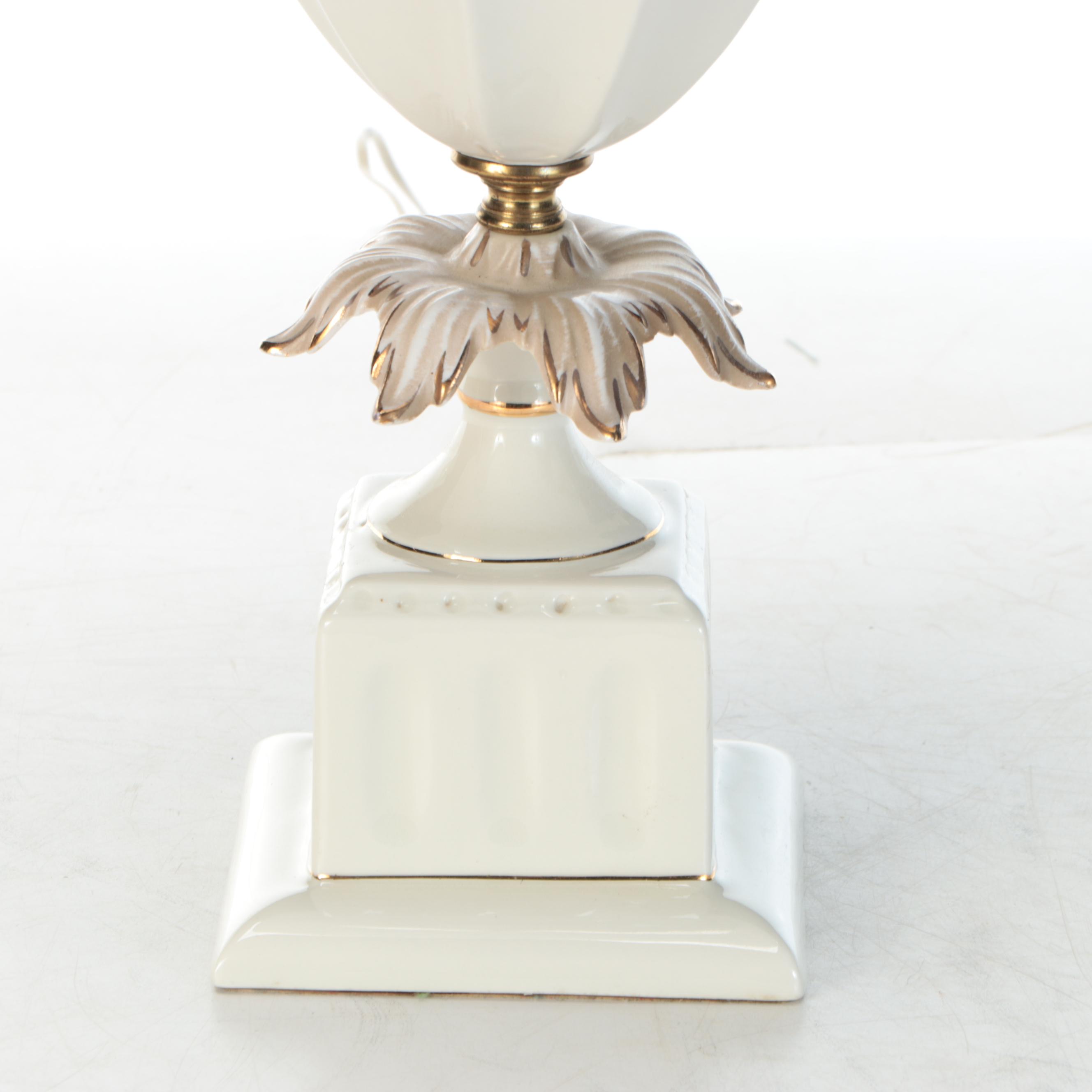 Hollywood Regency Gilt Rimmed Porcelain Table Lamp with Cotton Bell Shade