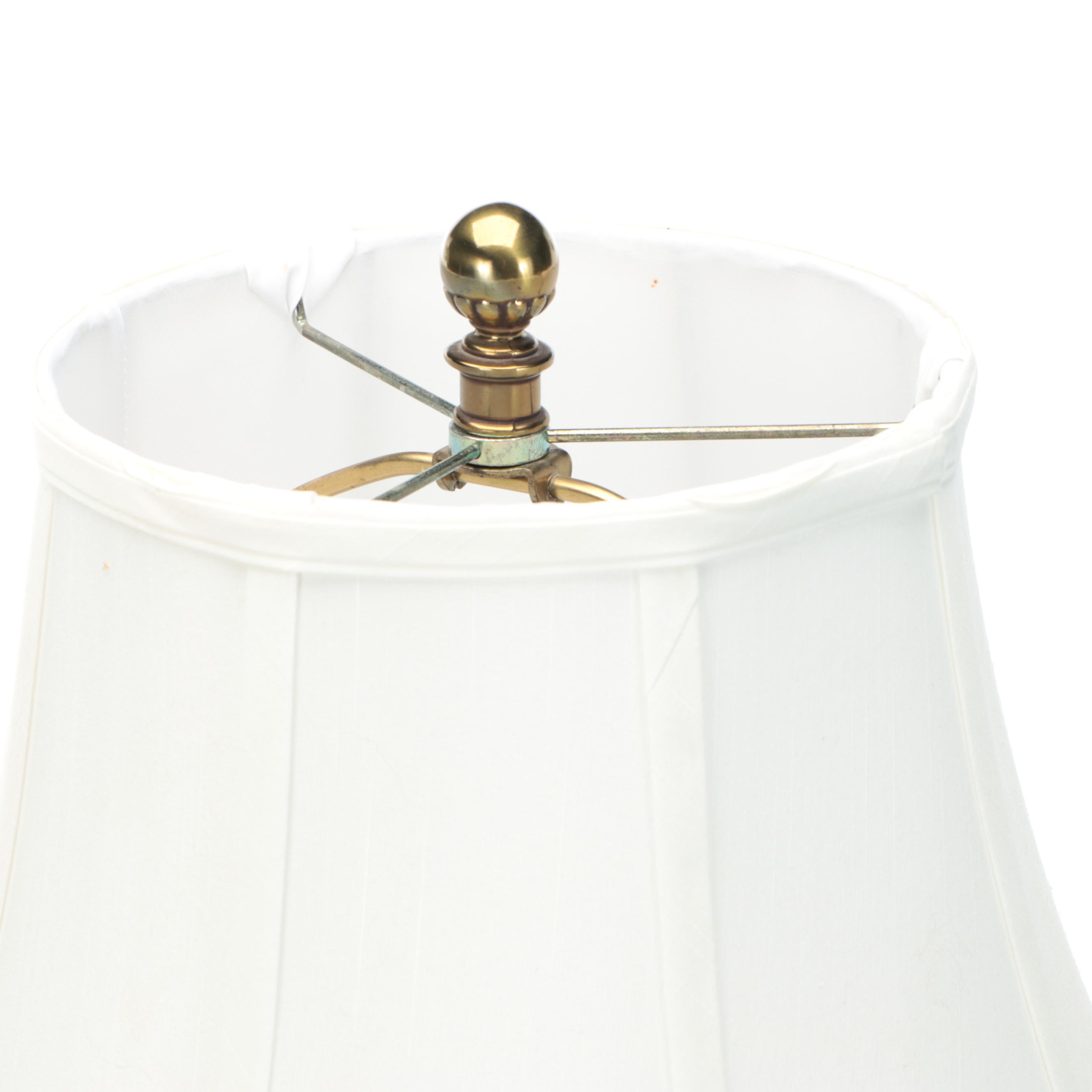 Hollywood Regency Gilt Rimmed Porcelain Table Lamp with Cotton Bell Shade