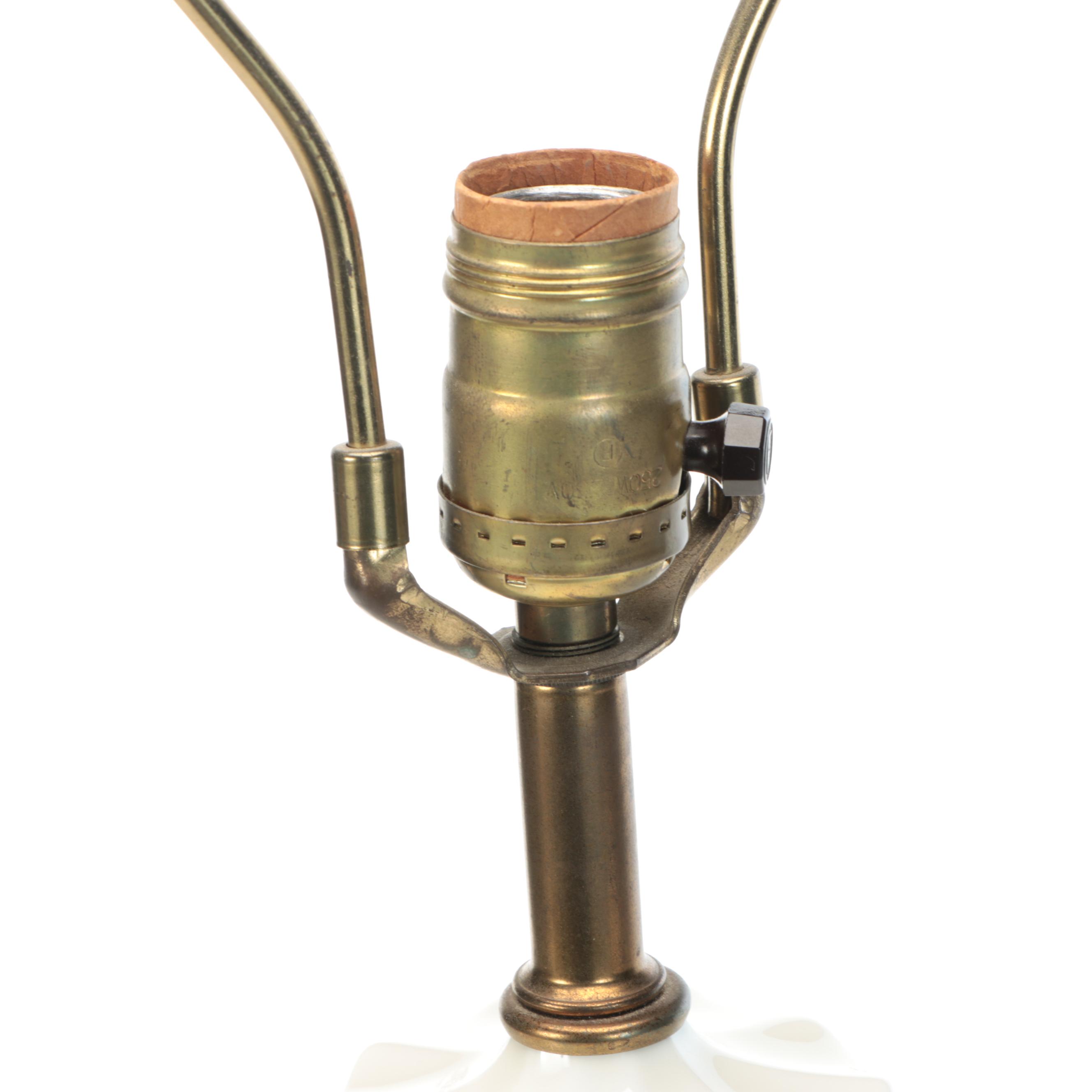 Hollywood Regency Gilt Rimmed Porcelain Table Lamp with Cotton Bell Shade