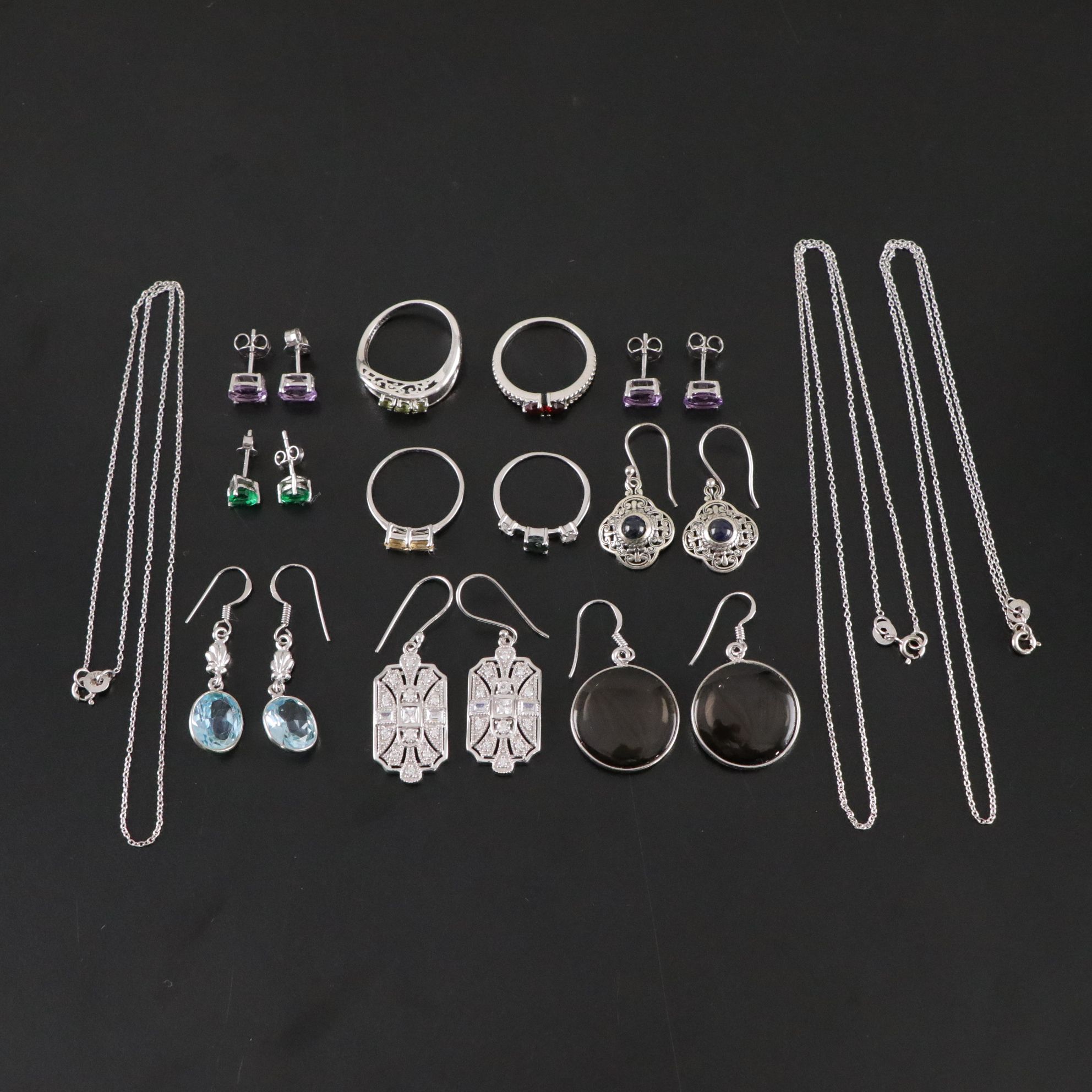 14 Assorted Sterling Silver Rings, Necklaces and Earrings