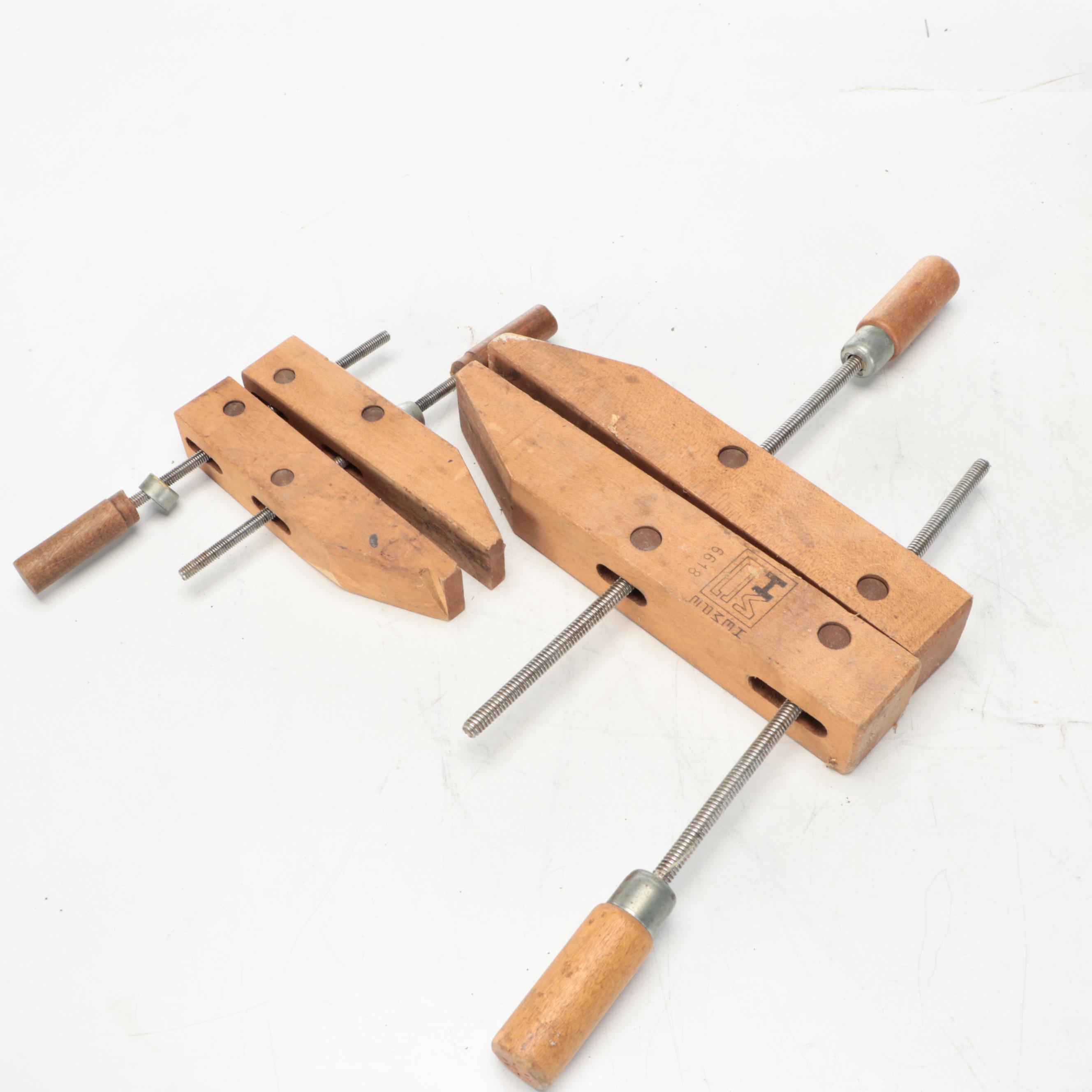 Metal Bench Vise and Wooden Clamps