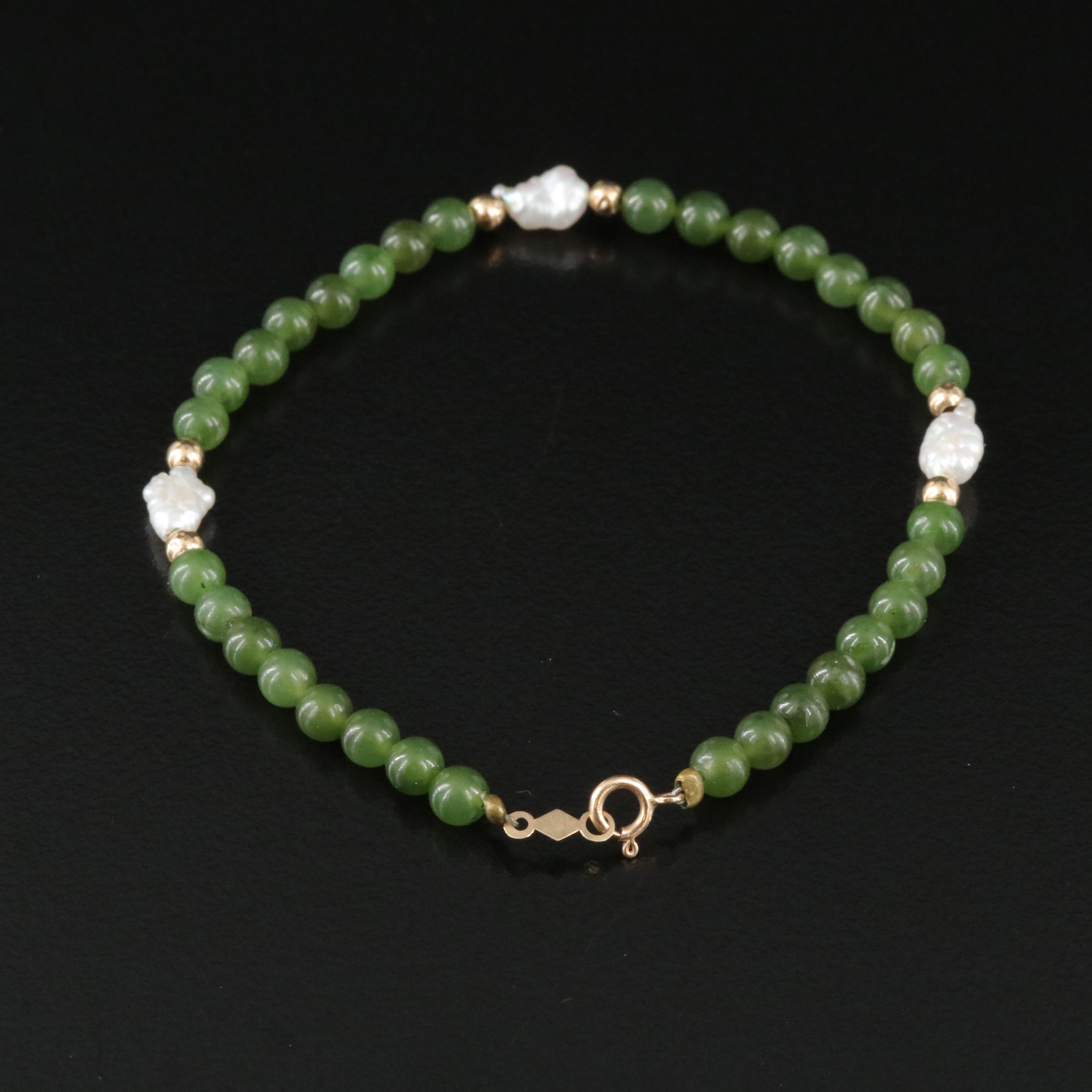 14K Nephrite and Pearl Bracelet