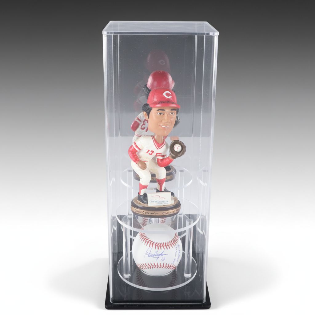 Dave Concepcion Signed Baseball and Cincinnati Reds Bobblehead with Display