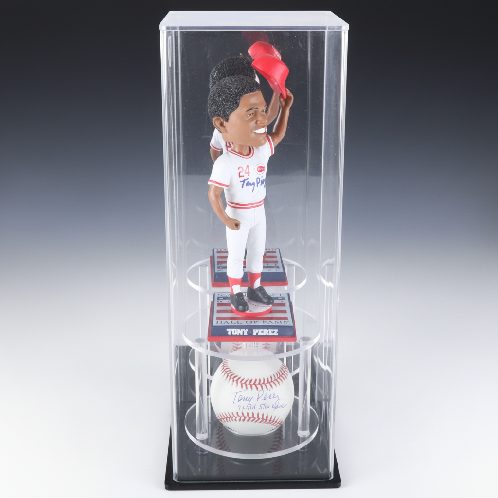 Tony Perez Signed Baseball and Cincinnati Reds Boobblehead with Display