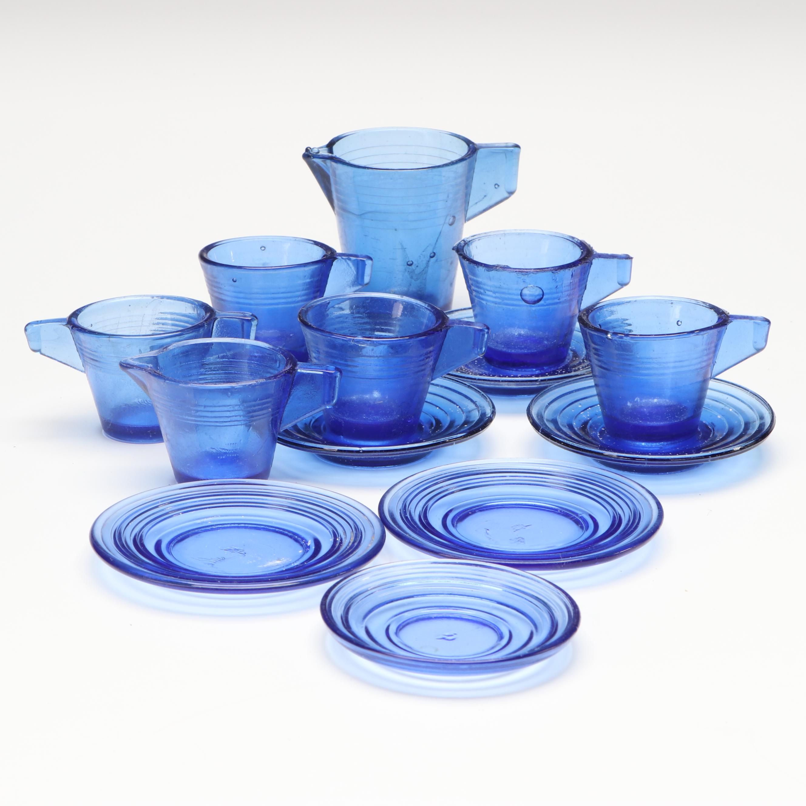 Akro Agate Art Deco Style Cobalt Glass "Play-Time" Tea Set, Early to Mid-20th C