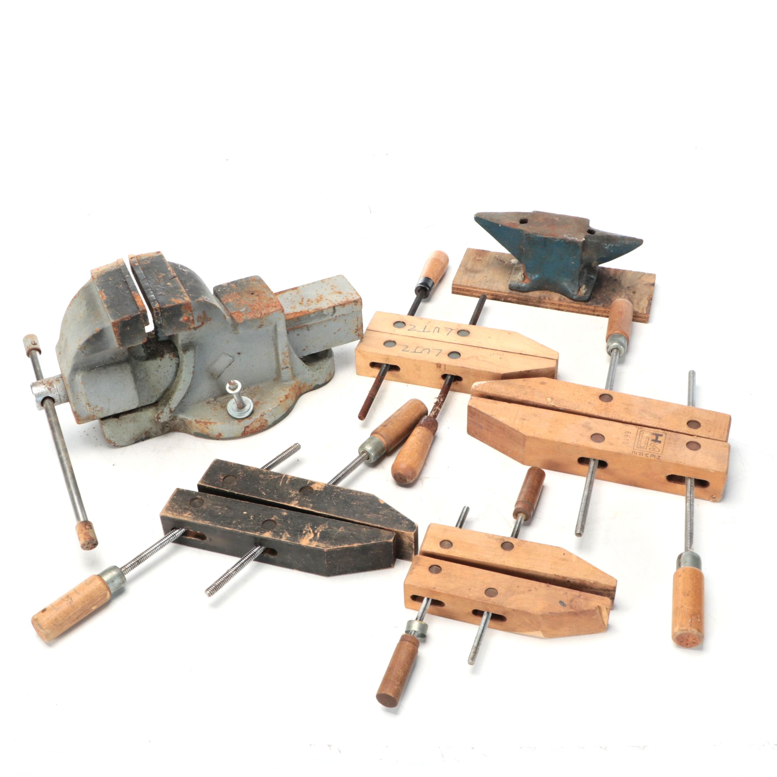 Metal Bench Vise and Wooden Clamps