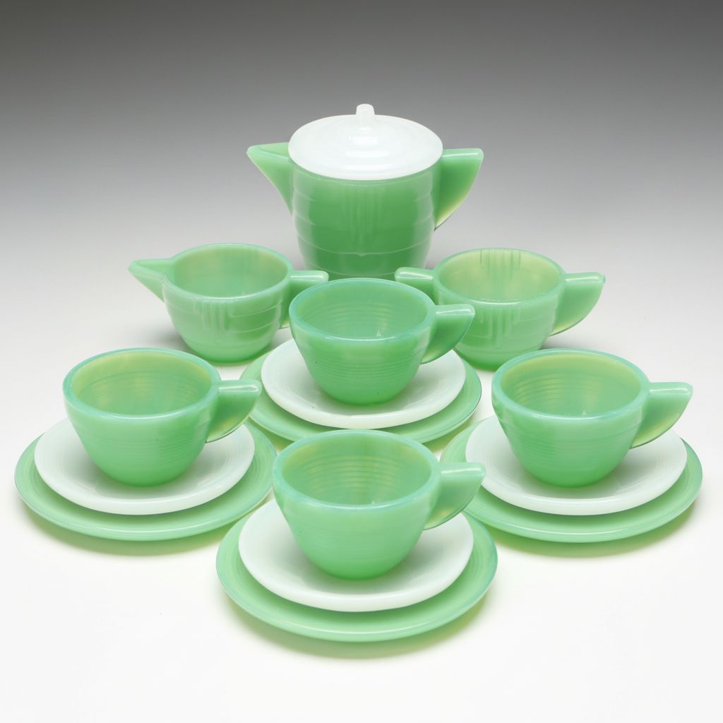 Akro Agate Art Deco Style Jadeite and Milk Glass "Play-Time" Dishes
