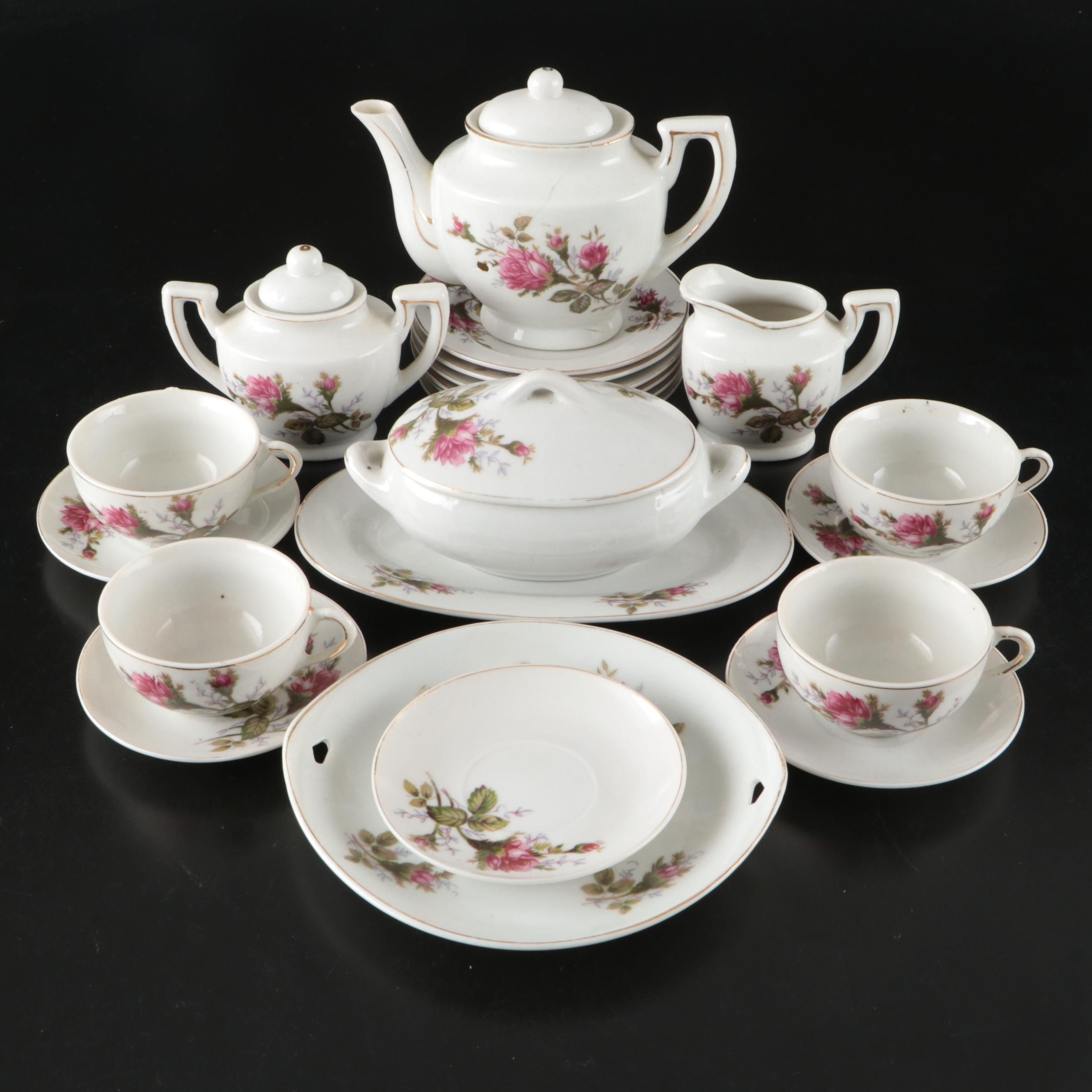 Japanese Porcelain Rose Pattern Tea Set with Dessert Plates and Serving Pieces