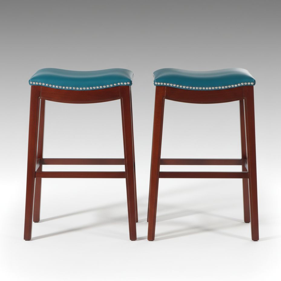 Pair of Walnut Finish Stools with Nailhead Trim Accented Faux Leather Seats