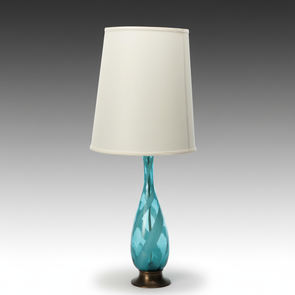 MCM Murano Style Spiral Blue Glass Table Lamp with Cotton Shade