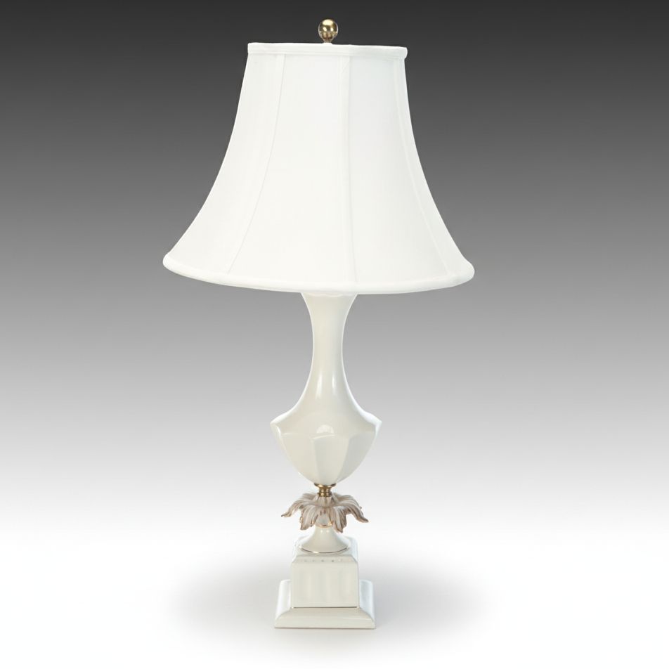 Hollywood Regency Gilt Rimmed Porcelain Table Lamp with Cotton Bell Shade